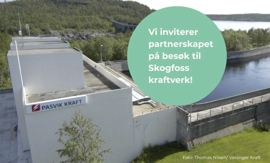 Skogfoss kraftverk i Pasvik med demning og elv, med invitasjon til partnerskapsbesøk