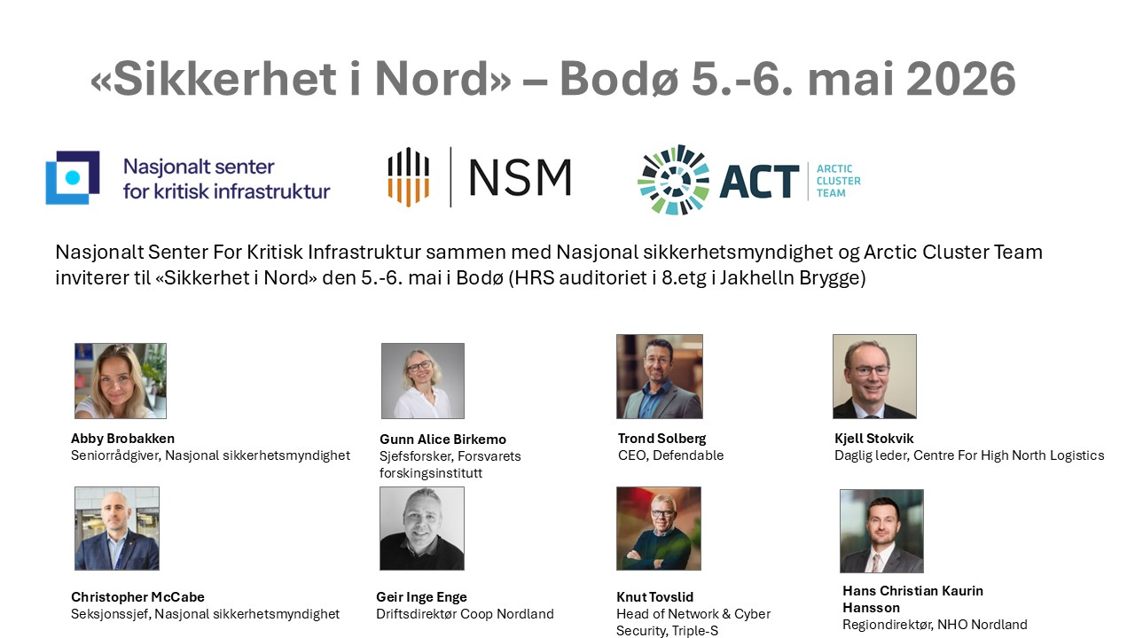 Plakat for konferansen «Sikkerhet i Nord» i Bodø 5.–6. mai 2026, med logoene til Nasjonalt senter for kritisk infrastruktur, NSM og Arctic Cluster Team, samt portrettbilder av åtte foredragsholdere med navn og titler.