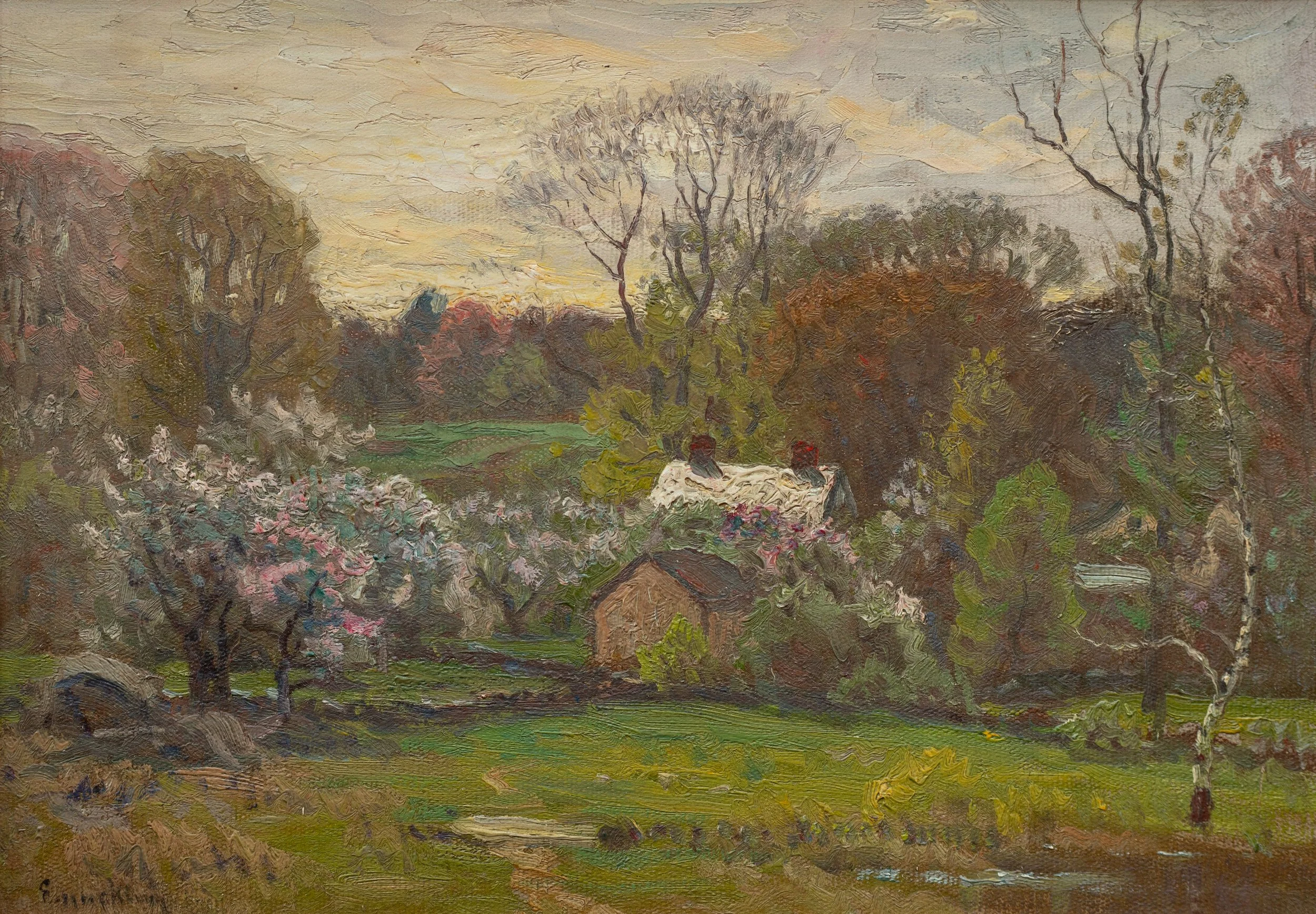 John Joseph Enneking, Spring at The Summer House in Hyde Park, Oil on Canvas, 10" x 14", $4,750