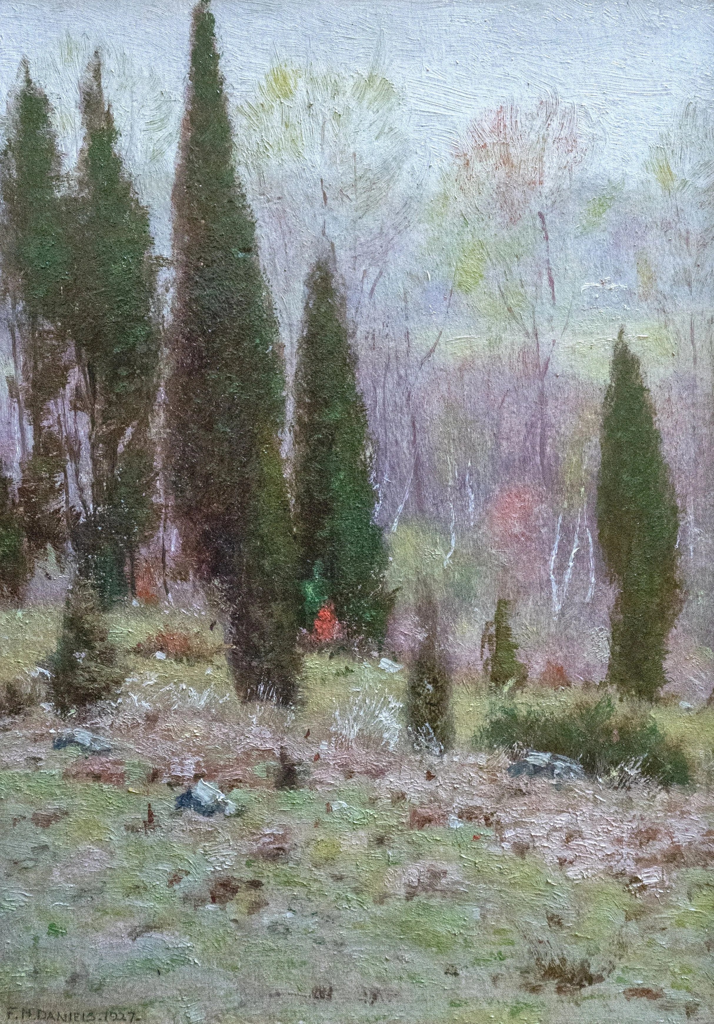 Fred Hamilton Daniels, Eastern Red Cedars, 1927, Oil on Board, 14" x 10", $1,400