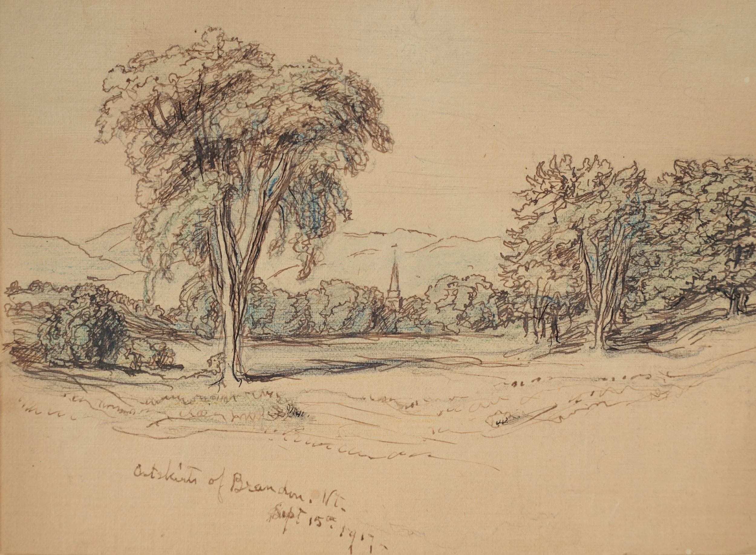 Samuel Colman, Outskirts of Brandon, VT, 1917, Ink and Colored Pencil on Paper, 4.75" x 6.25", $400