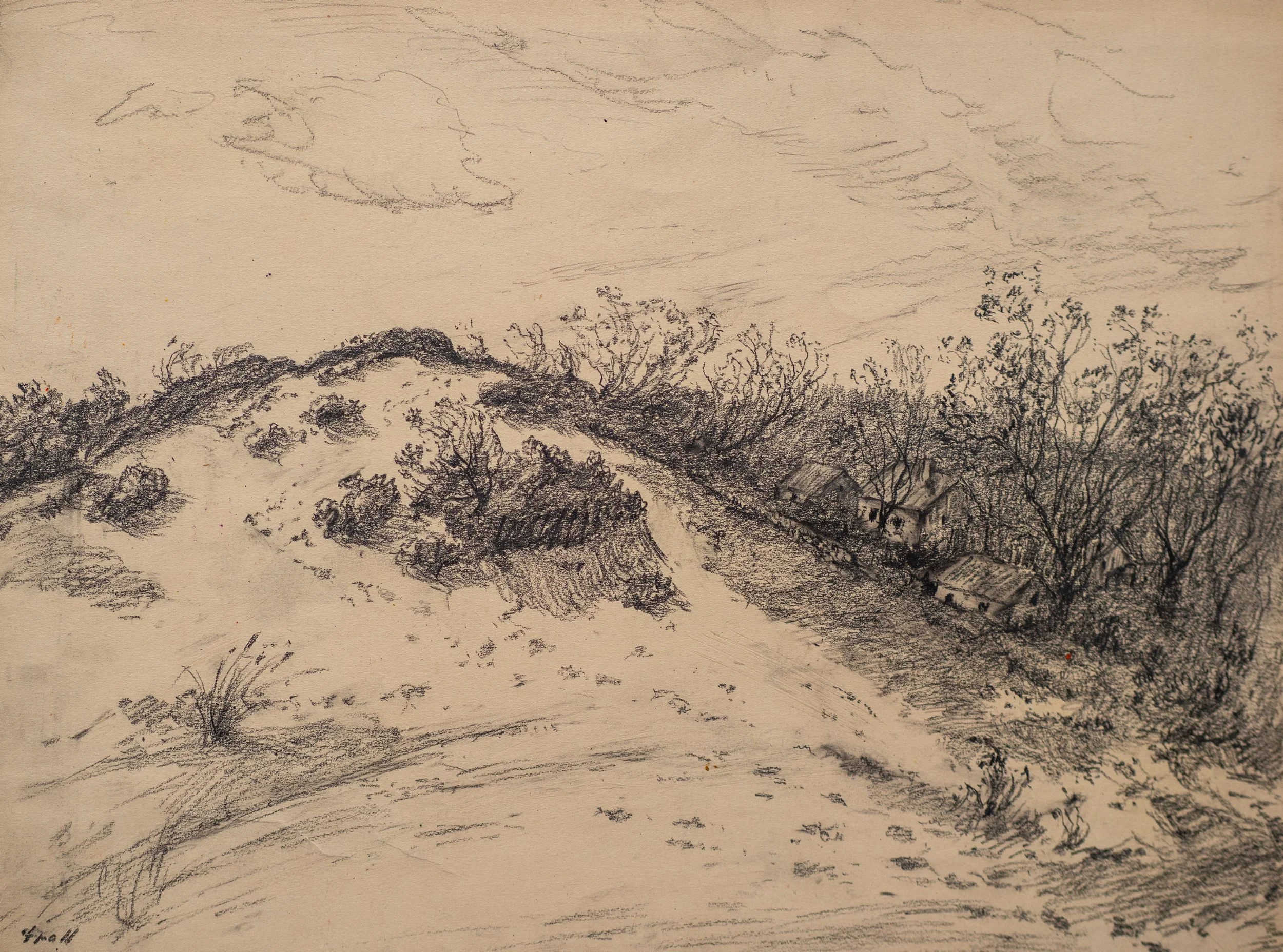 Albert Lorey Groll, Dune Shacks, Pencil on Paper, 13" x 17", $375