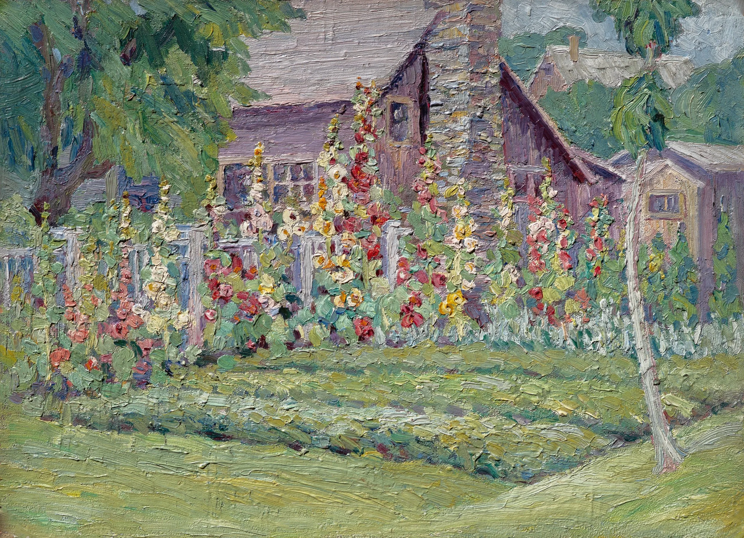 Jessie Ames, Provincetown Hollyhocks, Oil on Board, 16" x 20", $1,200