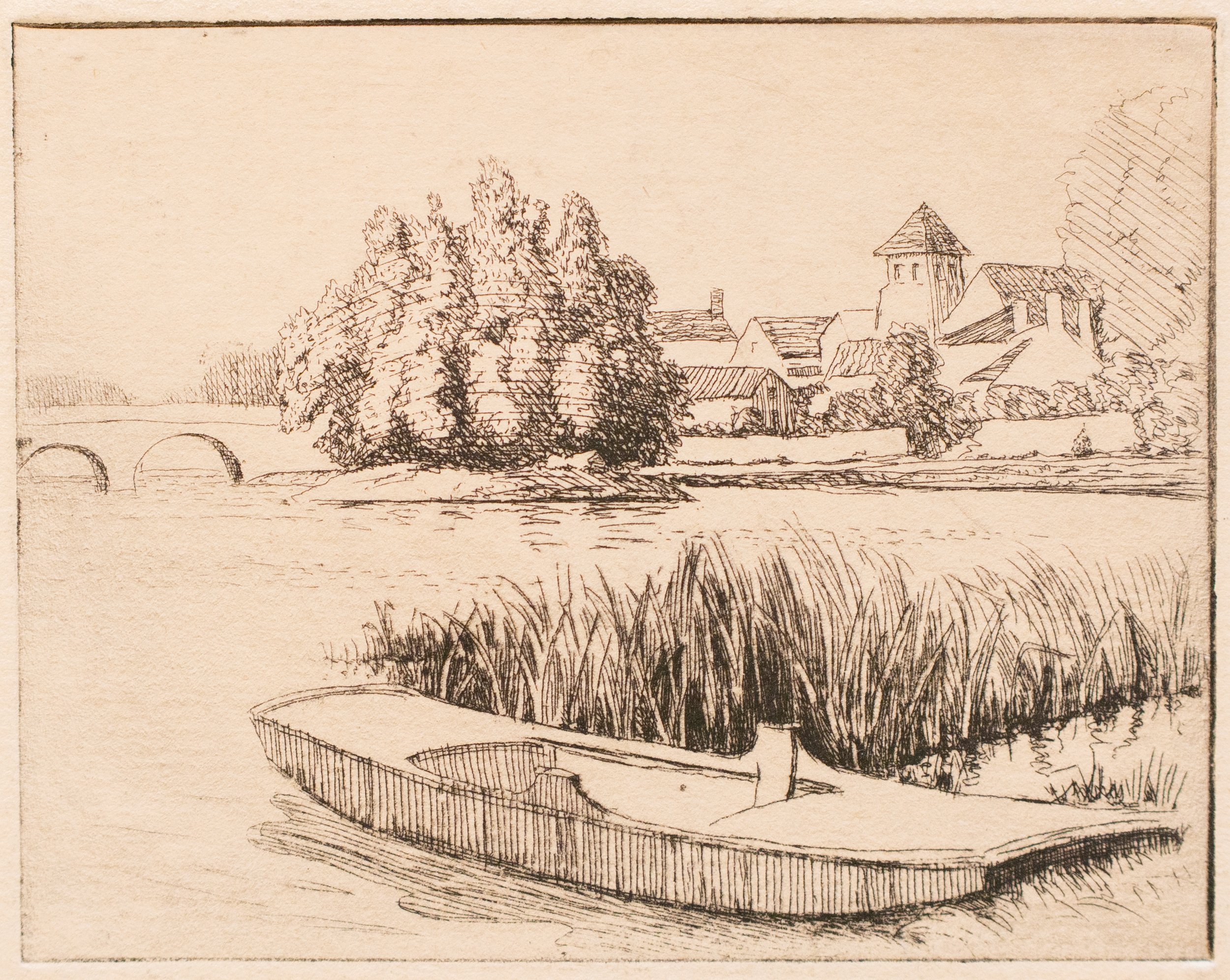 William McGregor Paxton, Trilport, Drypoint Etching, 3.5" x 4.25", $300