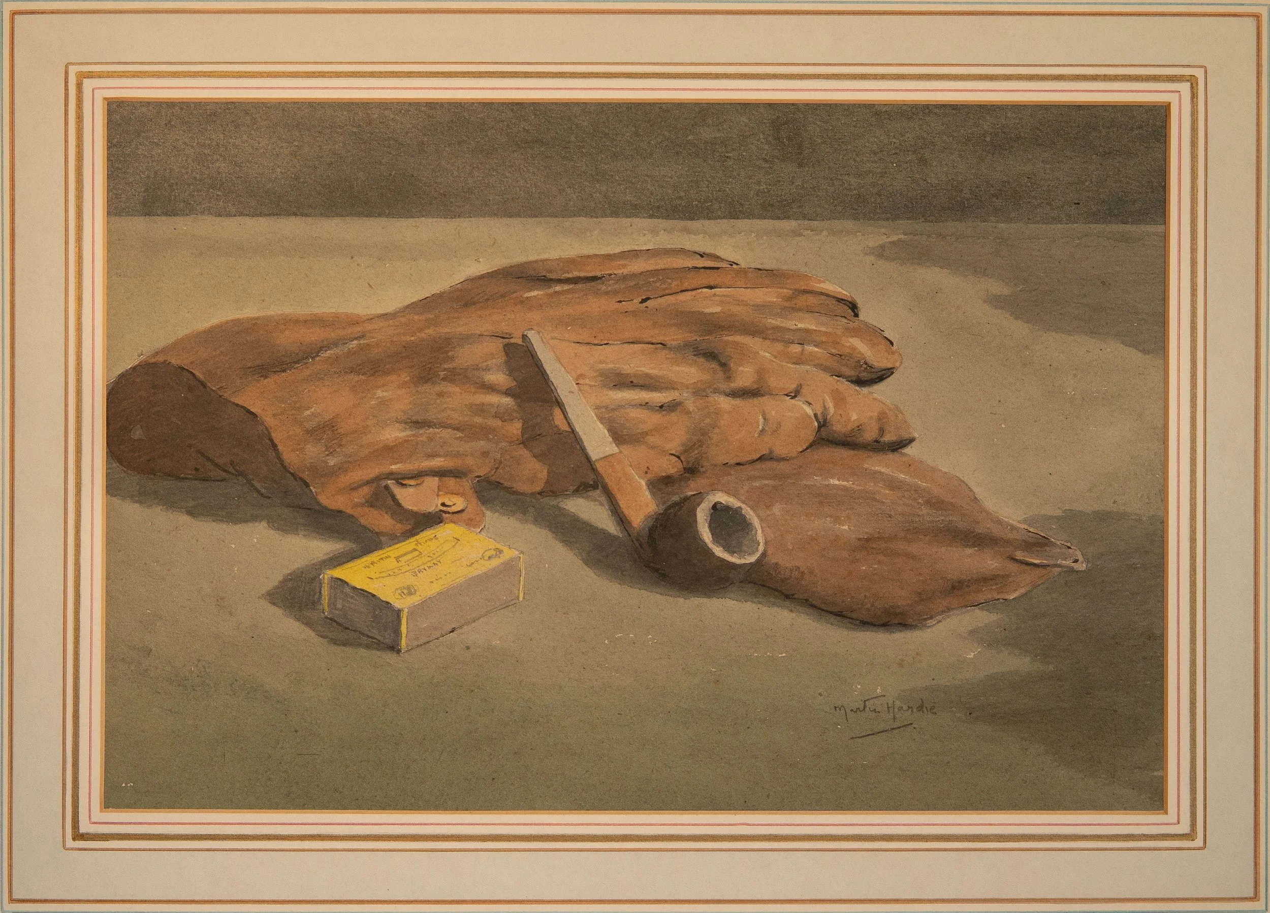 Martin Hardie, Still Life with Pipe and Gloves, Watercolor on Paper, 12" x 16", $450
