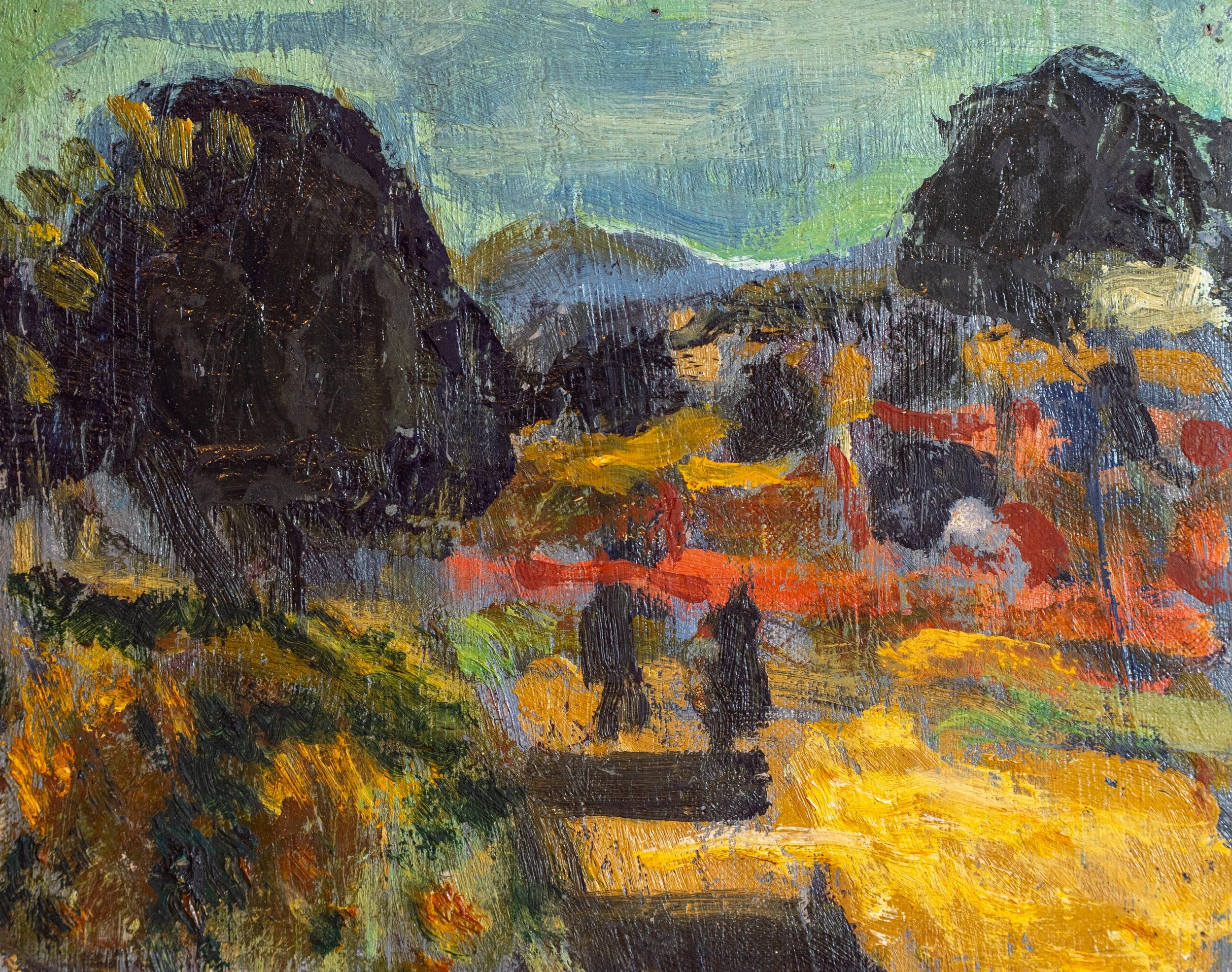 Bernard Lamotte, Figures in Landscape, Oil on Board, 7.5" x 9.5"