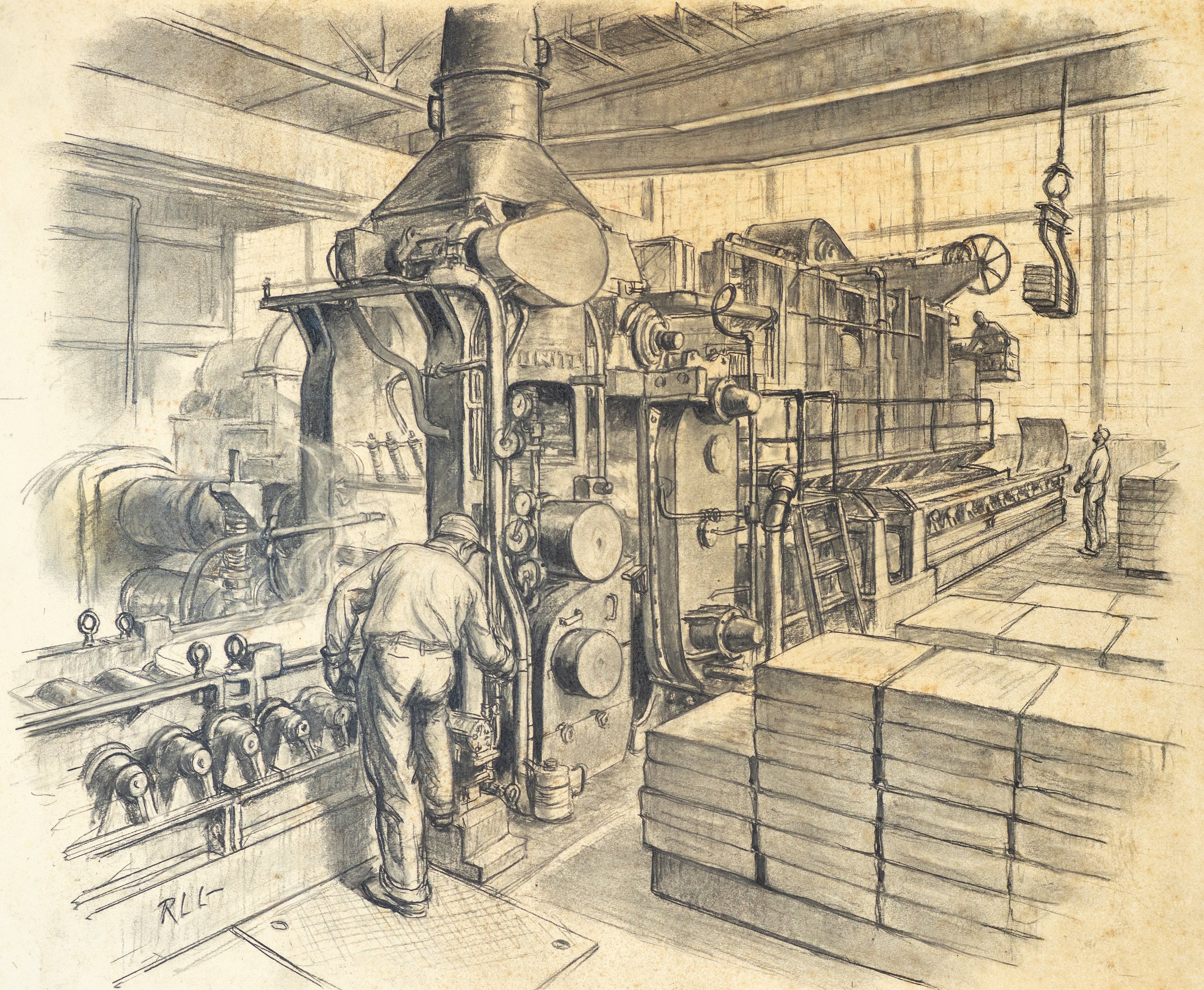 American School, Rolling Mill, Mixed Media on Paper, 12.5" x 15.875", $400
