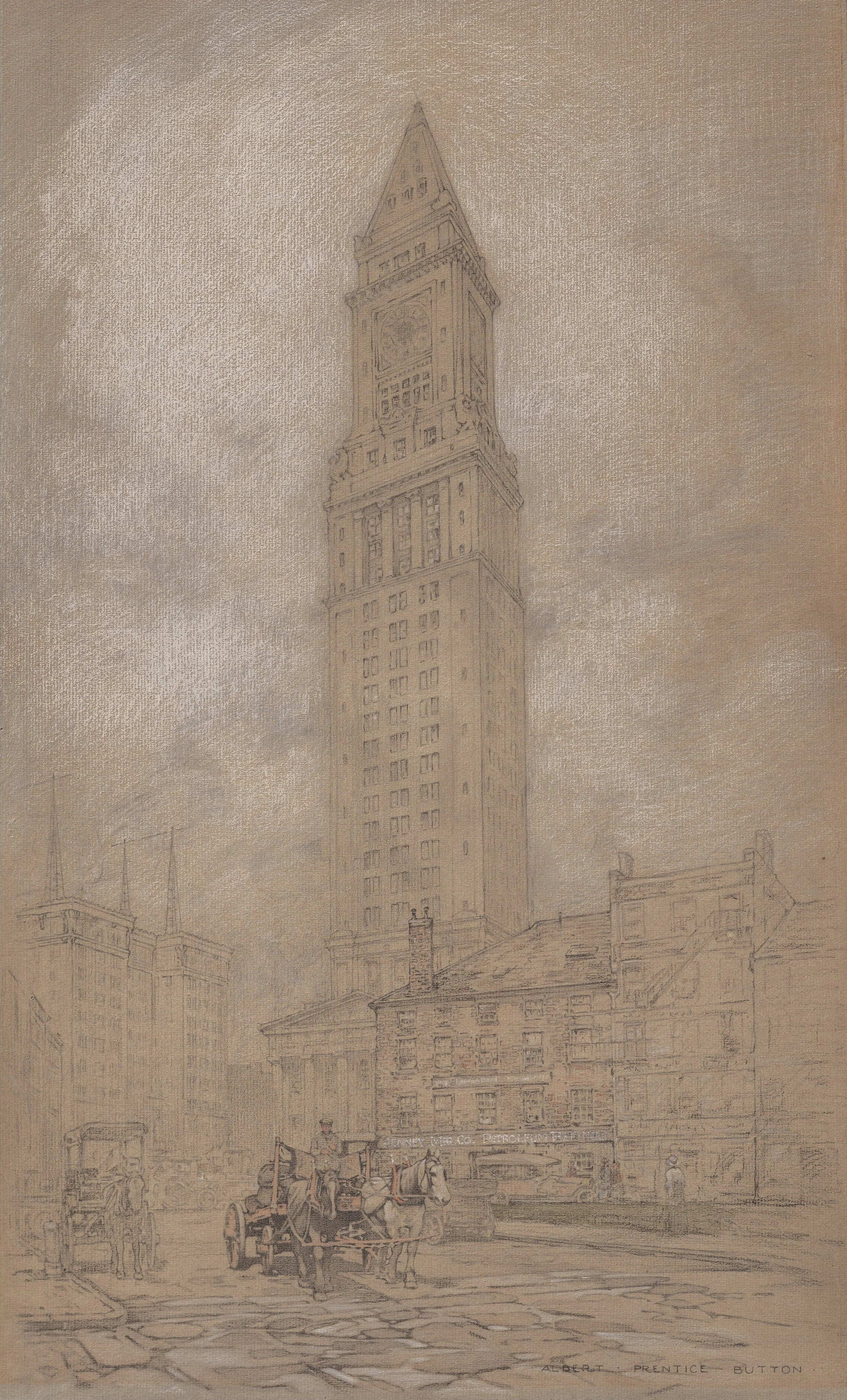 Albert Prentice Button, Boston Cutsom House Tower, Pencil and Chalk on Paper, 20" x 14", $500