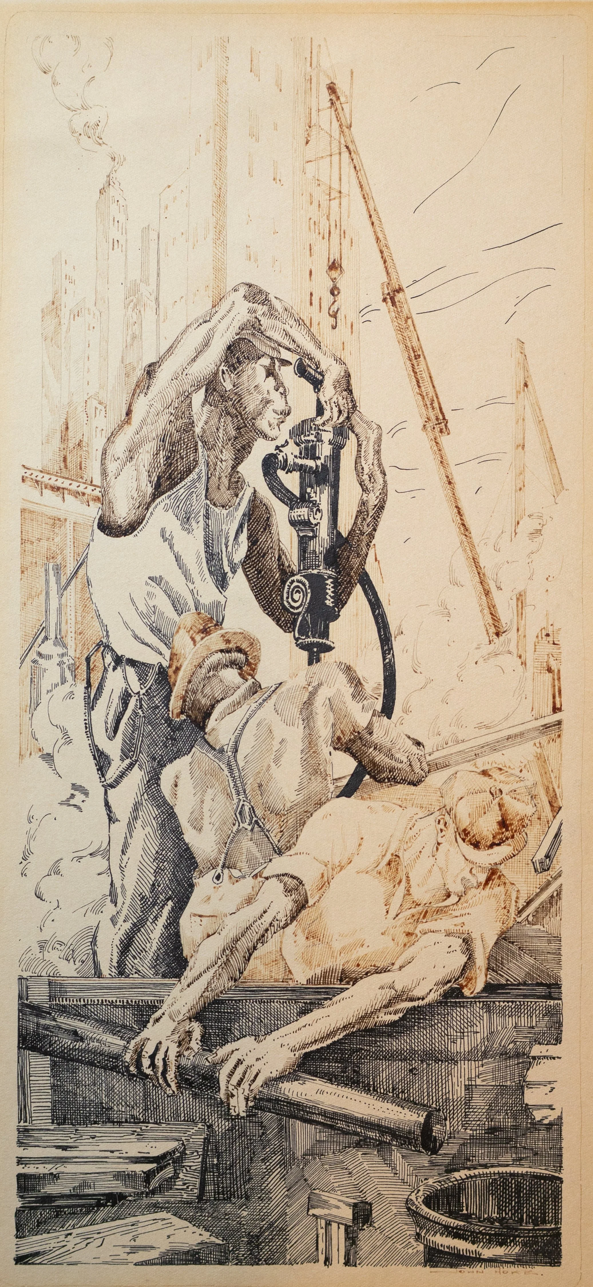 American School, Ironworkers, Mixed Media on Paper, 5.75" x 12.5", $1,200