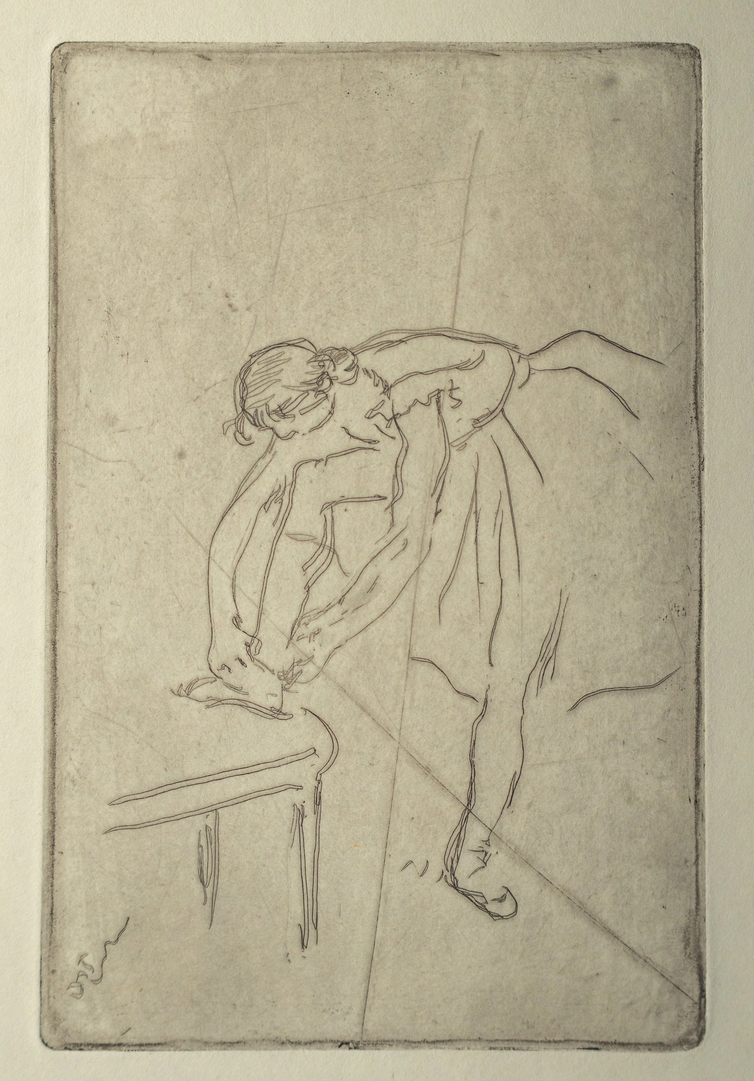 Edgar Degas, Danseuse Mettant son Chausson, Etching from a cancelled plate, Vollard (circa 1919-20), Edition of 150, 6.875" x 4.5", $800