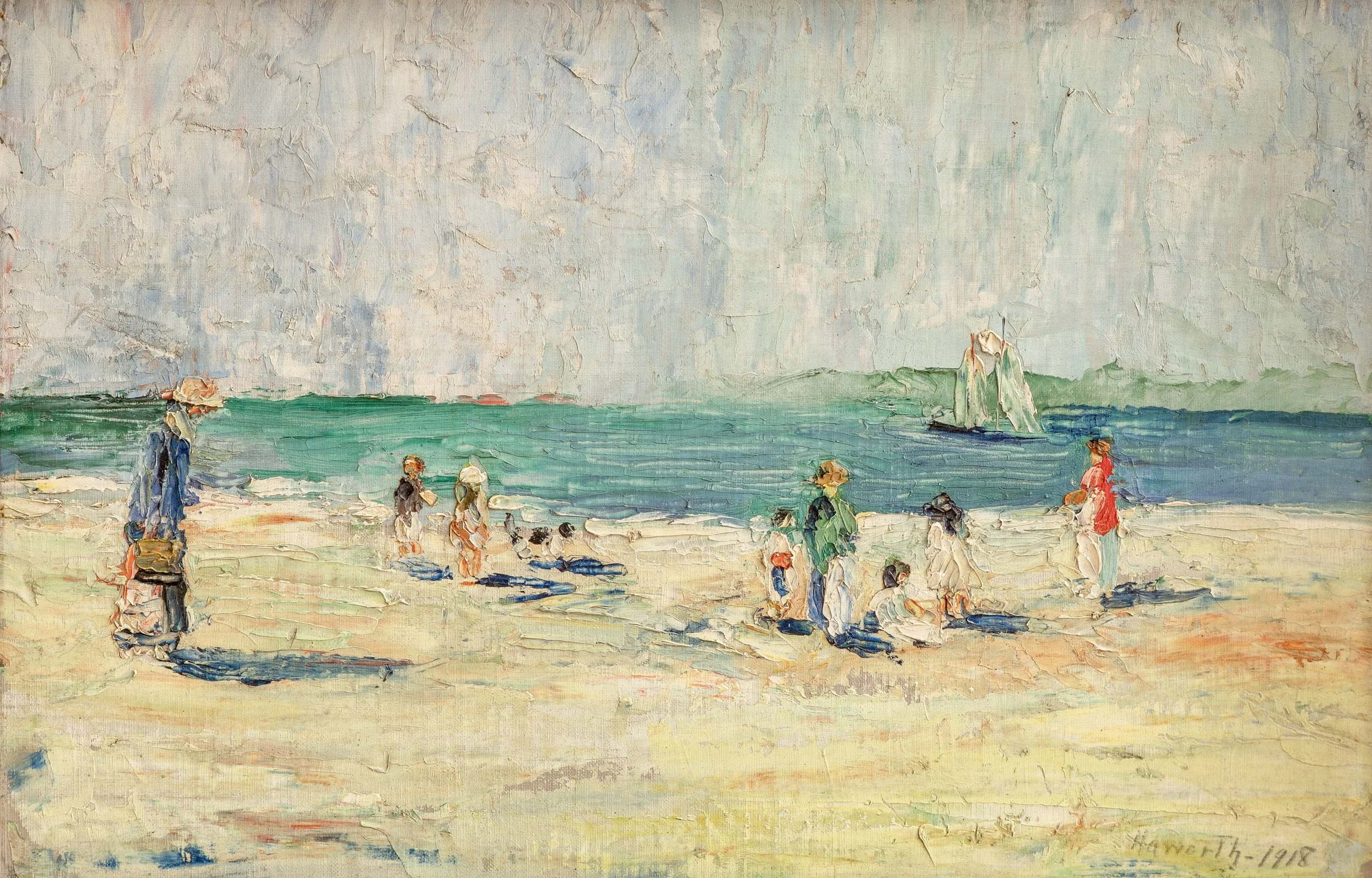 Edith Haworth, On the Beach, Shinnecock, 1918, Oil on Board, 12" x 18", Inquire For Price