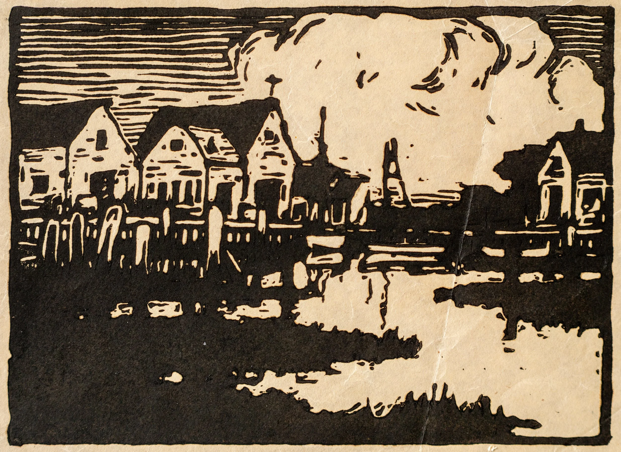 Albert Prentice Button, Quiet Harbor, Woodcut, 4.5" x 6", $100