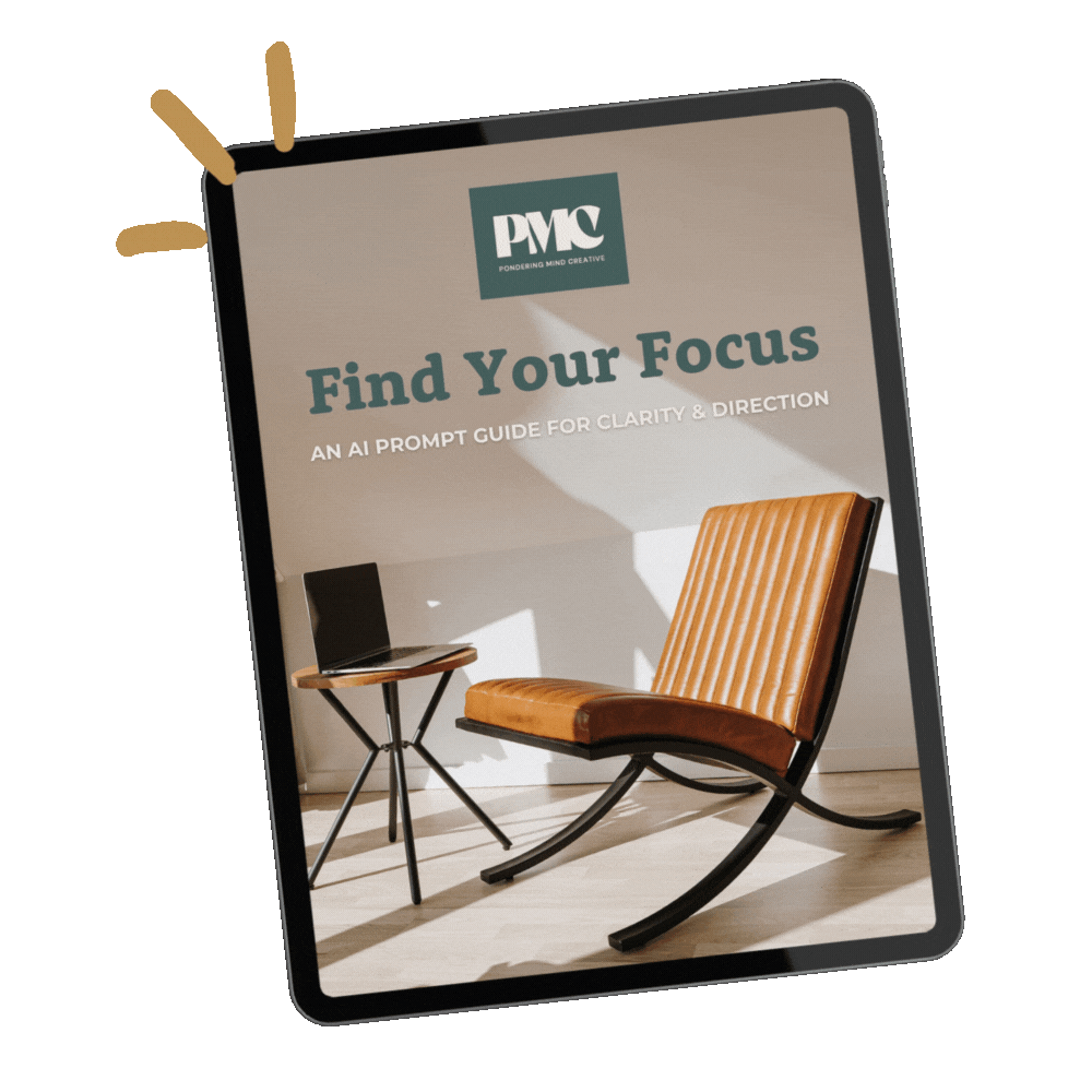 Cover of a guide titled 'Find Your Focus' with a logo 'PMC' at the top, and an image of a modern wooden rocking chair and a small side table with a laptop, set against a minimalist background.