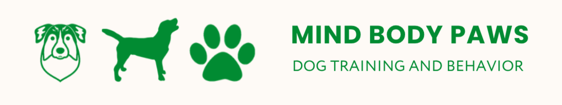 Dog training and behavior logo with a dog's face, a full silhouette of a dog, and a paw print, with the text 'MIND BODY PAWS' and 'DOG TRAINING AND BEHAVIOR'.