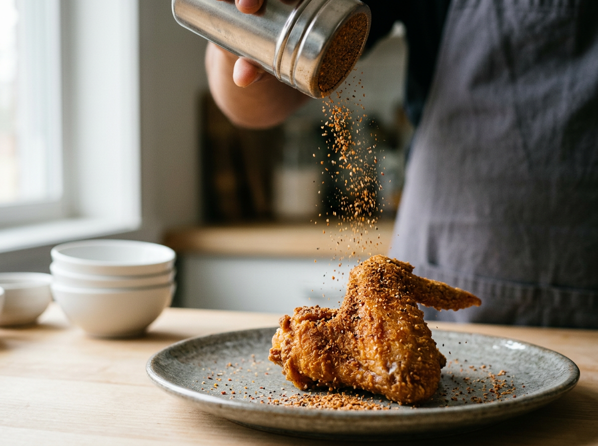 Person sprinkling seasoning on a fried chicken drumstick on a plate in a kitchen.