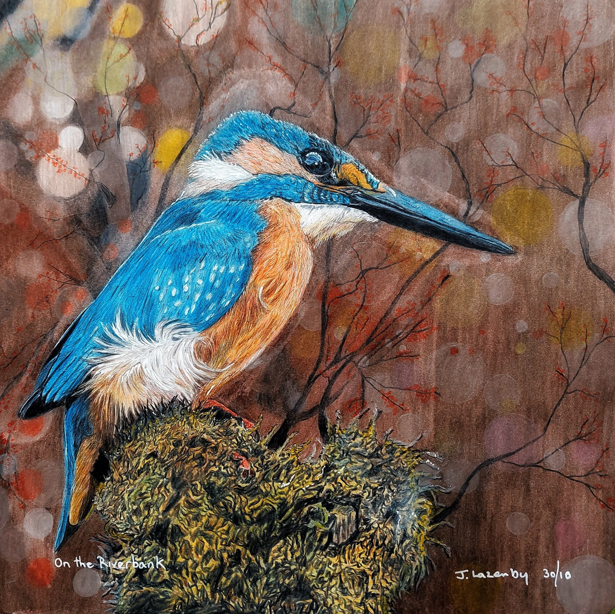 Title: On the Riverbank Original 
Size: Drawing 40cm x 40cm. Frame with mount 50cm x 50cm 
Price £275 
Free Delivery UK 
Rest of the World Delivery  Plus £50