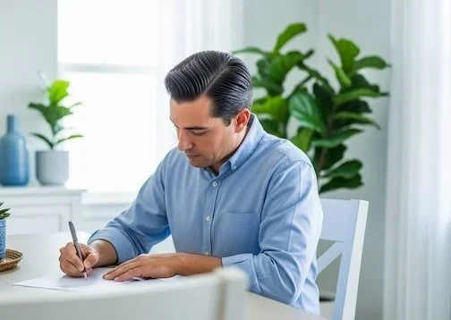 hombre de camisa azul sentado escribiendo