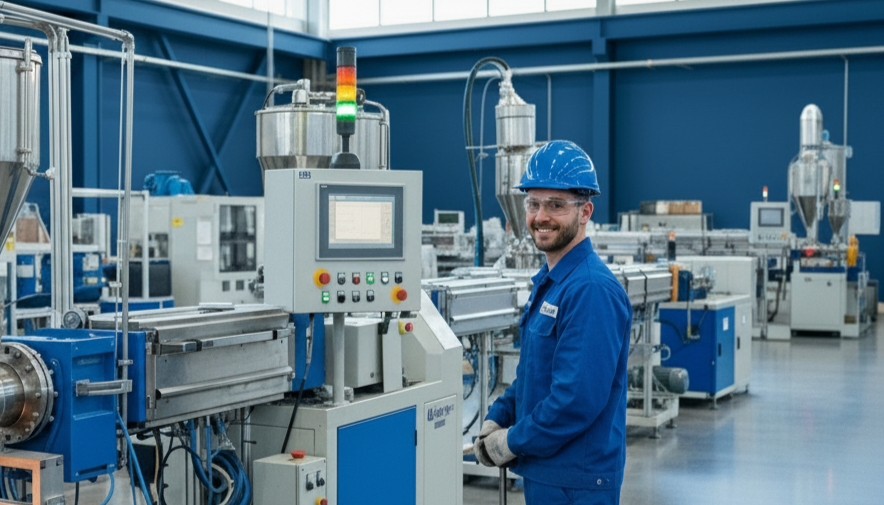 imagen de un trabajador vestido de azul operando una máquina en una fábrica industrial moderna y limpia