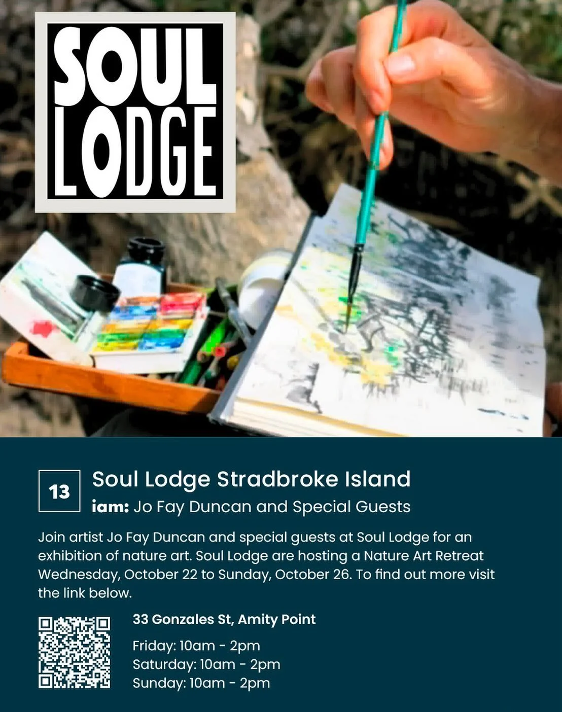 🎨✨ ARTIST TALK at Soul Lodge | Stop 13on the 2025 Straddie Arts Trail!

Join us on Sunday 26 October, 10am&ndash;12pm for a free artist talk with Jo Fay Duncan and guests at Soul Lodge, Amity Point. 🌴

In the days leading up to the Straddie Arts Tr