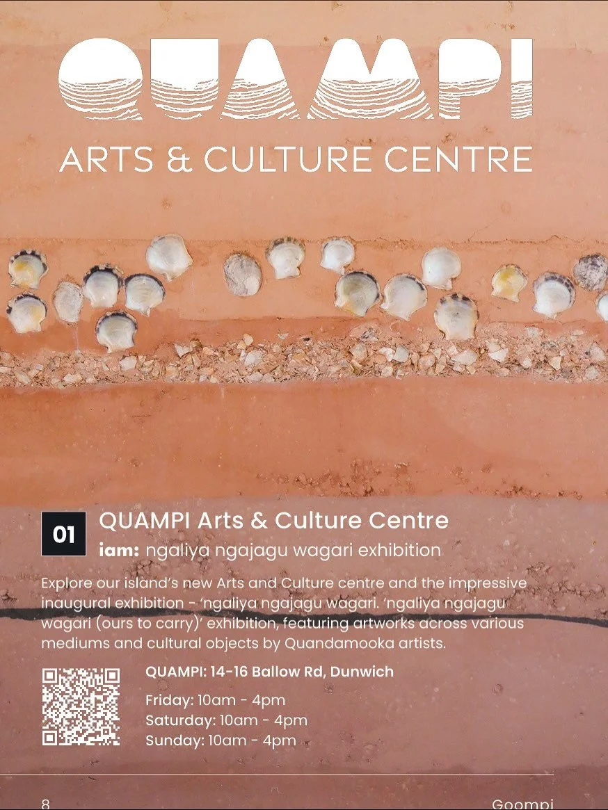 🌿 FIRST STOP: QUAMPI Arts &amp; Cultural Centre 

Begin your 2025 Straddie Arts Trail journey at the heart of Minjerribah&rsquo;s creative spirit &mdash; QUAMPI Arts and Cultural Centre, overlooking the serene waters of Deanbilla Bay, Dunwich. 

✨ E