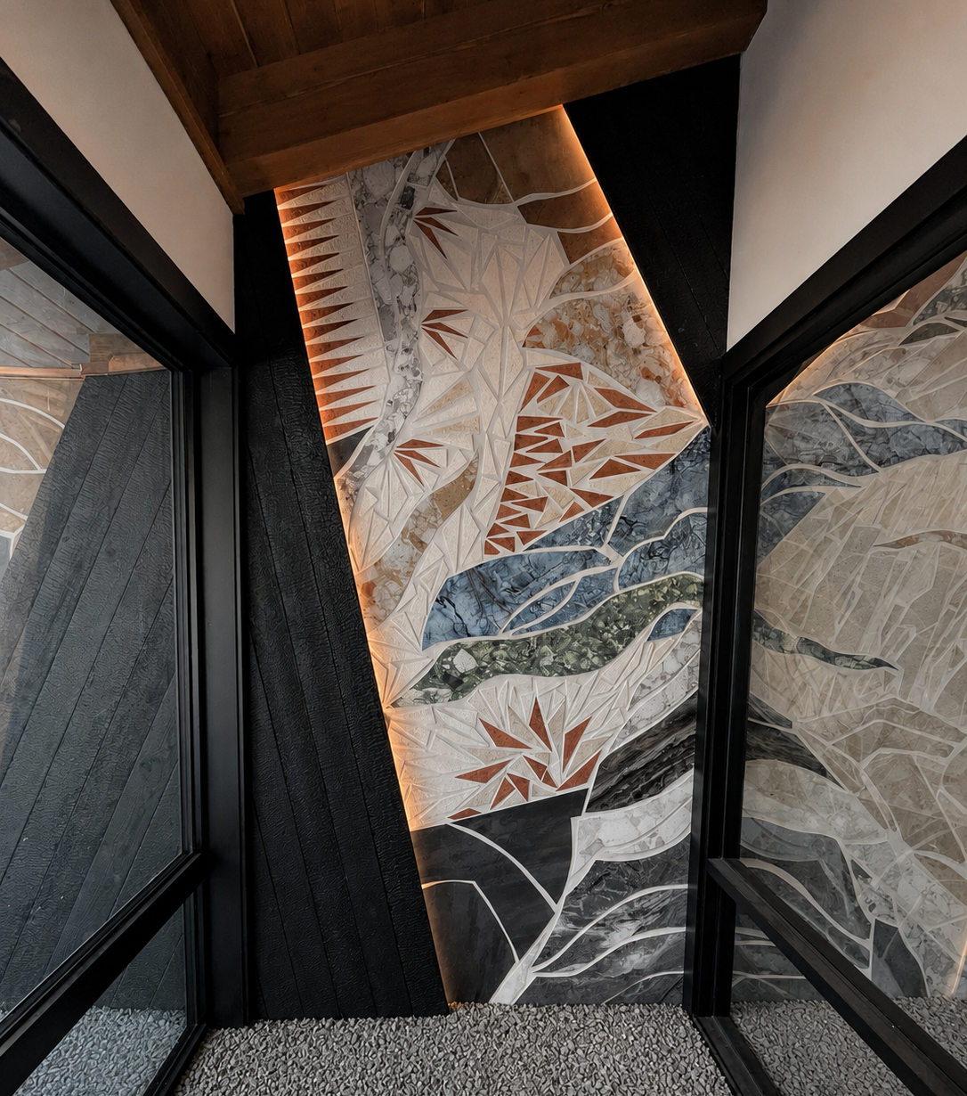 Interior view of a glass corner with a large abstract mural on the wall featuring a stylized tree and leaves, illuminated by hidden lighting.
