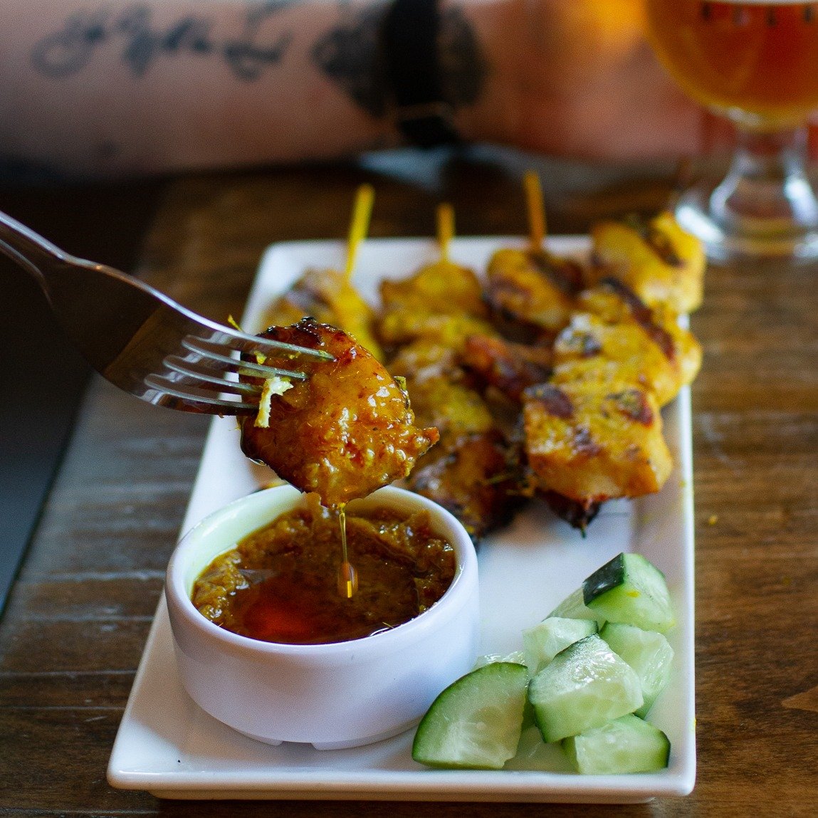 Malaysian Chicken Satay is the skewered perfection! Don&rsquo;t forget to dip it into our house made peanut sauce!

We are open at 4PM today!
Happy hour deals (4PM - 7PM)
$6 select small plate🥟
$6 select wine🍷
$6 select craft beer 🍺

#HighSideVA #