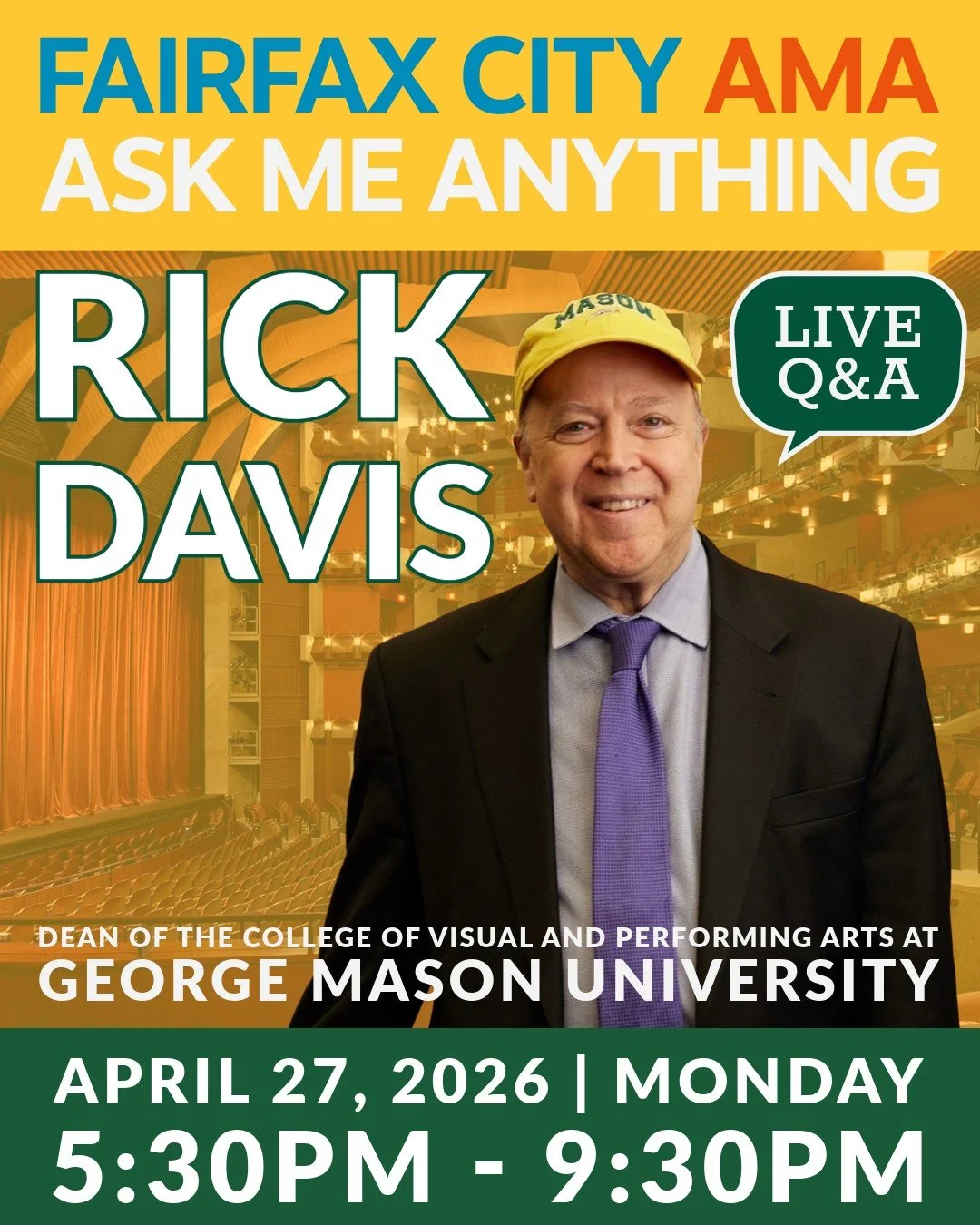 🎙 FAIRFAX CITY AMA 🎙

We&rsquo;ve talked leadership, public safety, and athletics.
Now we turn to arts, culture, and creativity.

Join us at High Side on April 27 for an AMA with Rick Davis, Dean of GMU&rsquo;s College of Visual and Performing Arts