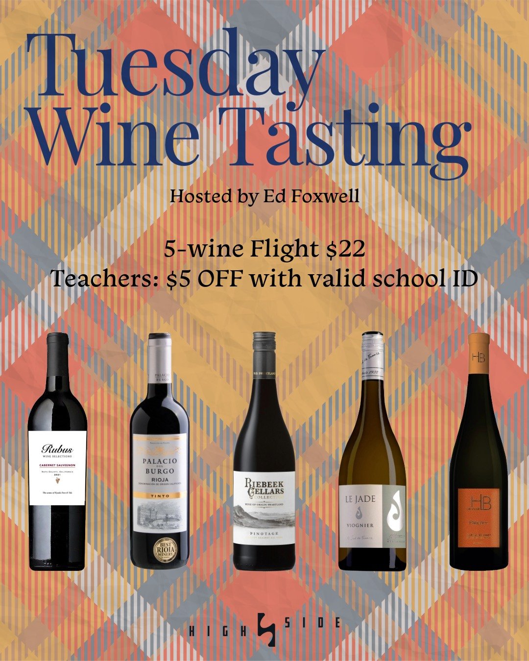 Tuesday Wine Tasting | October 6 | 5&ndash;8 PM
This week we're starting aromatic and refreshing, then working our way into three very different reds, finishing with Napa Cabernet.

5-Wine Tasting Flight $22 | Teachers, show us your valid school ID a