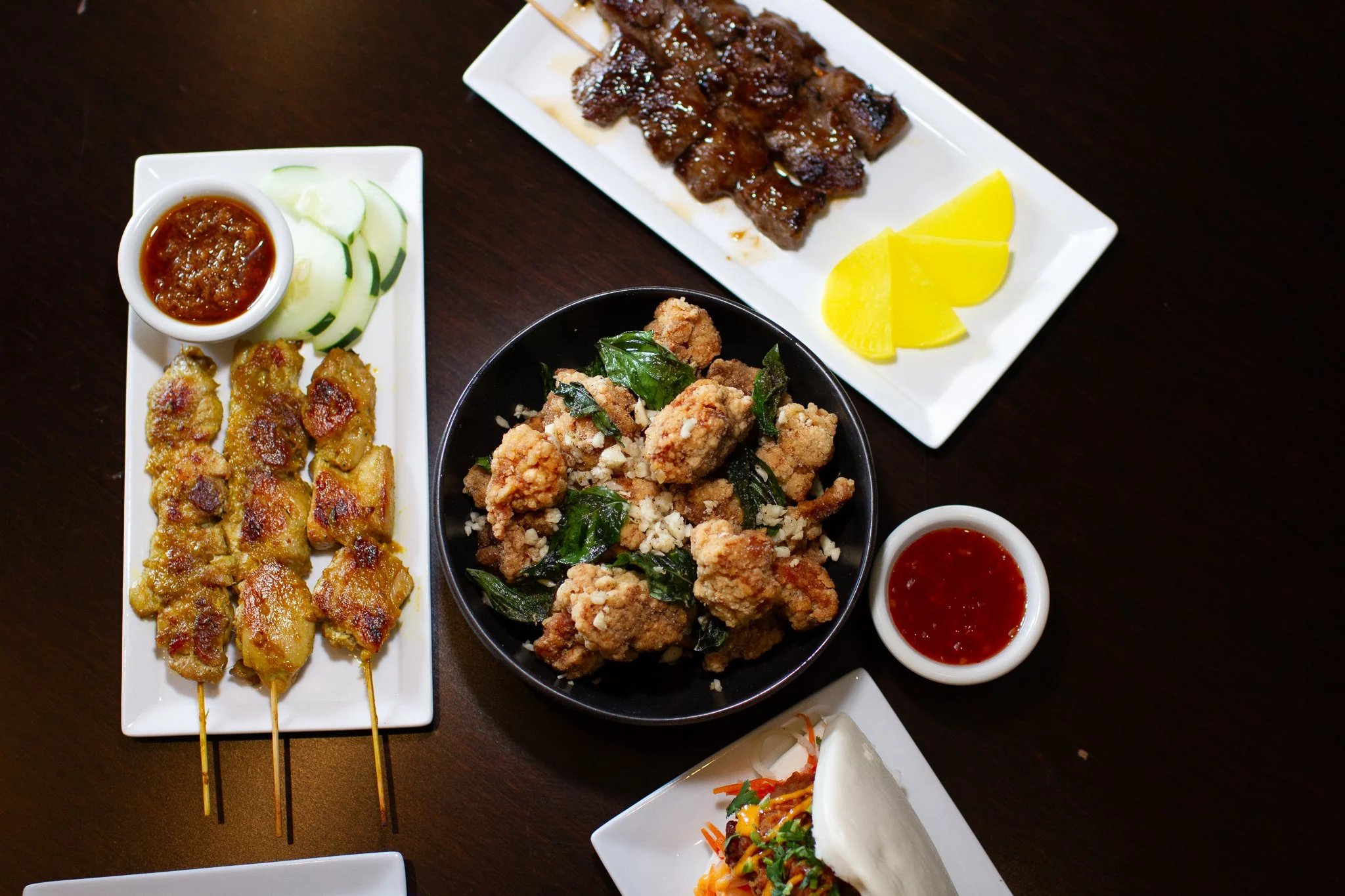 Chicken sata, Beef teriyaki skewers & popcorn chicken