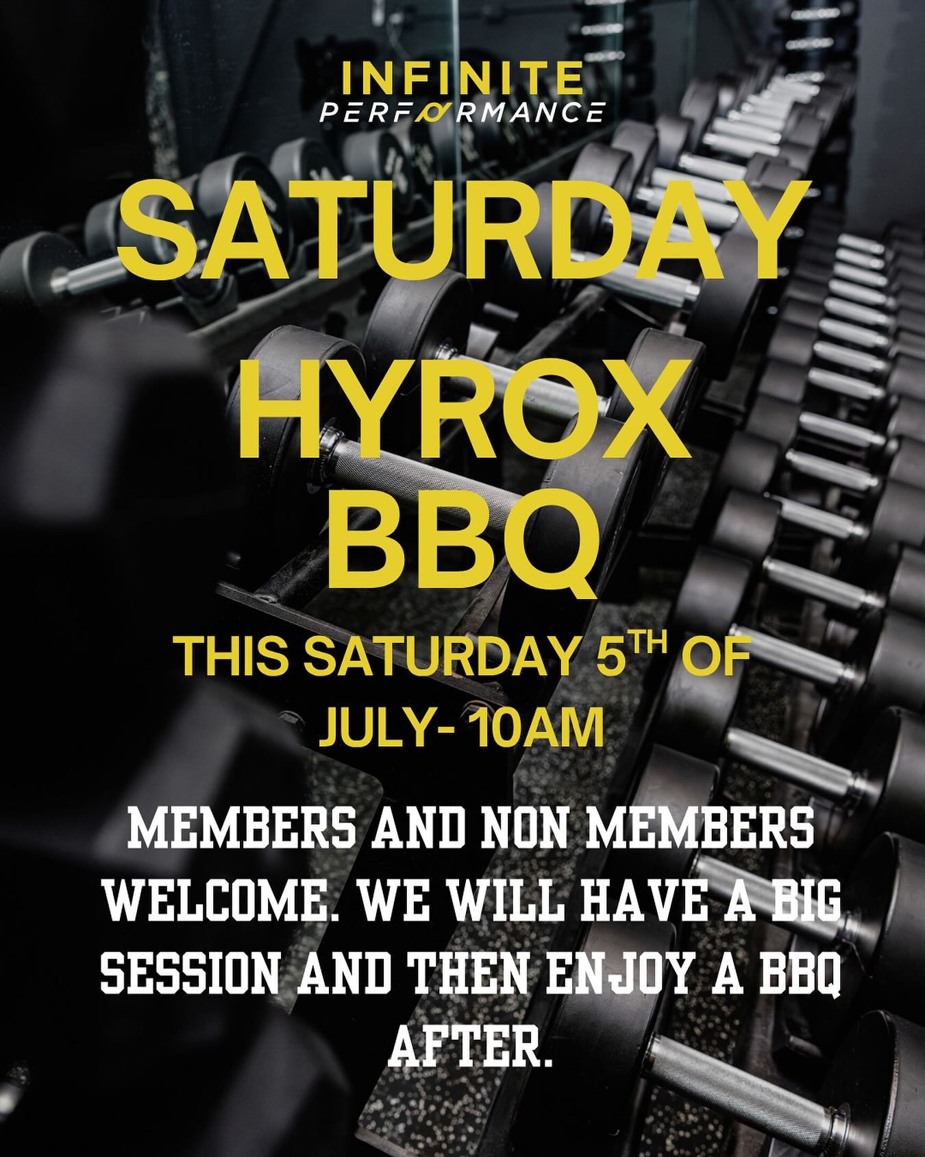We are planning to have our biggest community Hyrox session to date.

We are inviting everyone to get down and enjoy a tough session followed by a good old BBQ and a drink.

The session kicks off at 10am

Send this to your hyrox friend.