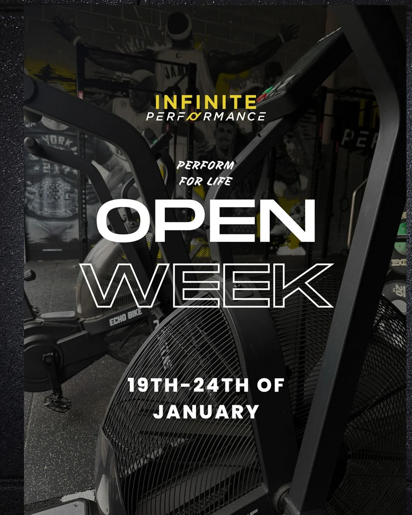 We are excited to invite you all to our Open week at Infinite Performance.

Between the 19th-24th of January we will be opening the doors to everybody. We can&rsquo;t wait to show you what we do at Infinite Performance.

To book yourself in either he