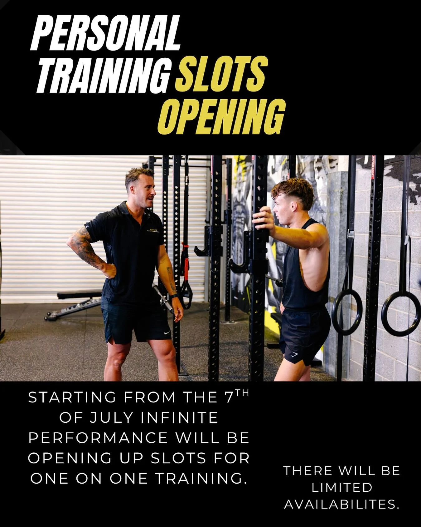 We are excited to announce that we will be opening up slots for One on One training at Infinite Performance.

Whether you have never trained before, need help with certain aspects of your training or are feeling nervous about starting up your strengt