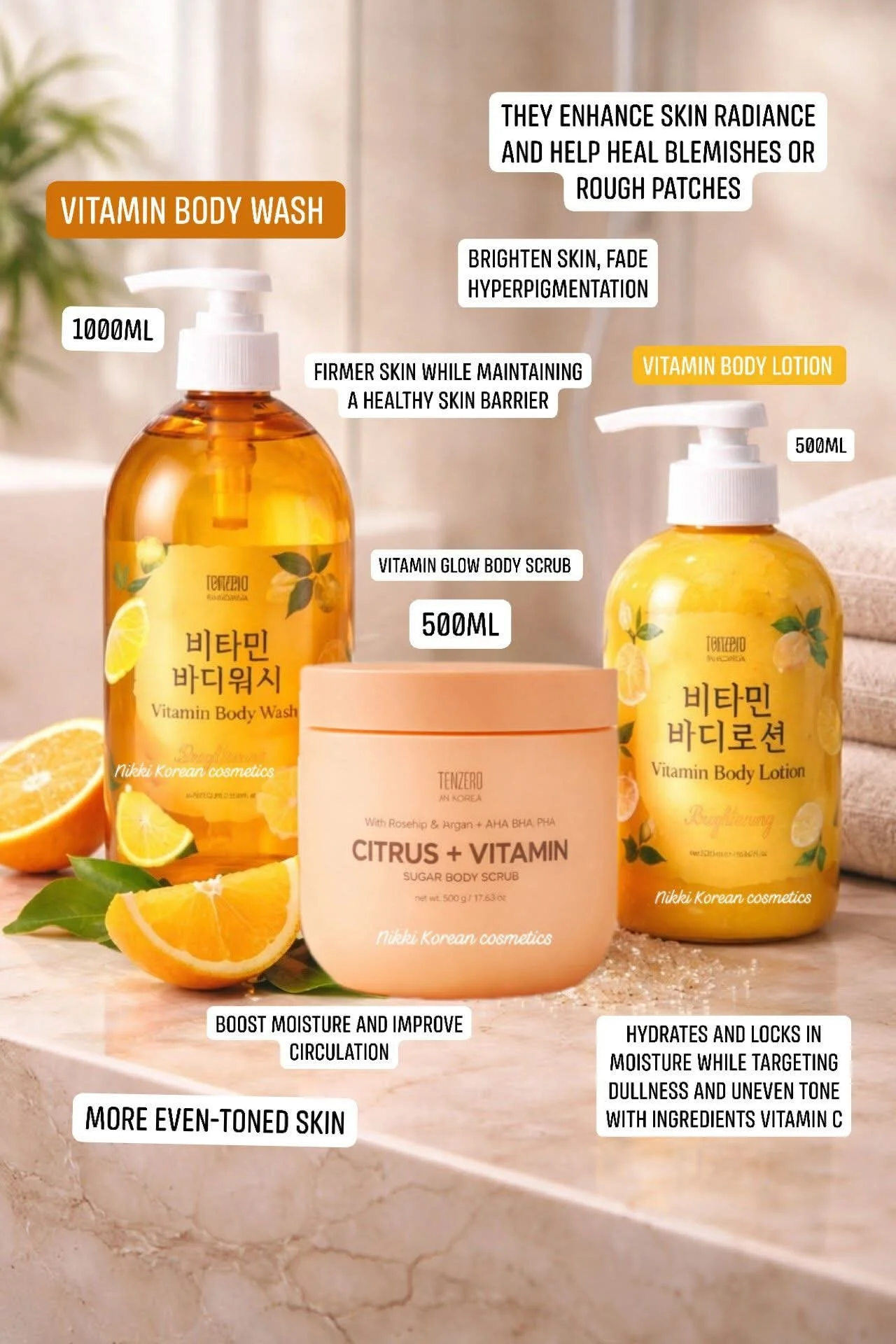 Tenzero Body Vitamins Care Set (Wash 1000ml , Scrub 500ml, Lontion 500ml )