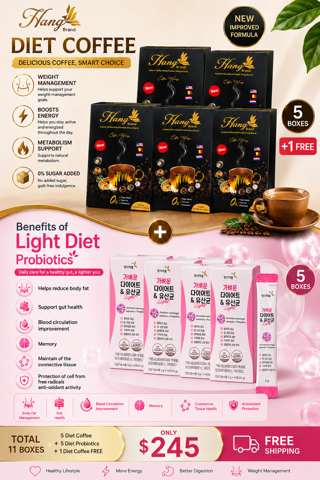5 free 1 of Diet Coffee and 5 Diet Probiotics ( 6 coffees and 5 Probiotics ) 11 items