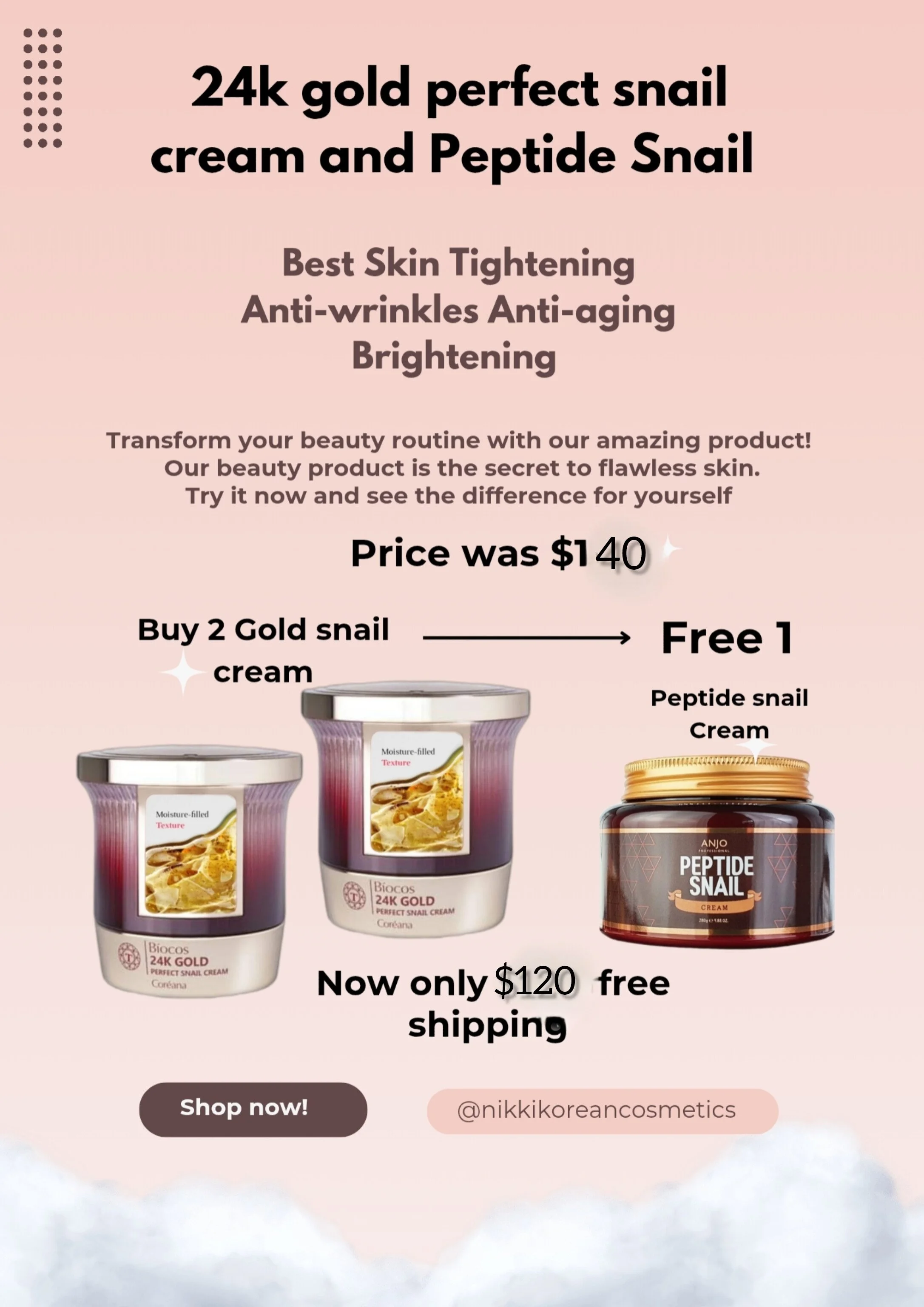 24k gold snail and Peptide Snail Combination , Wrinkle improvement , Promotes Collagen Growth, Young and Elastic skin (2 gold snail creams & 1 peptide snail cream)