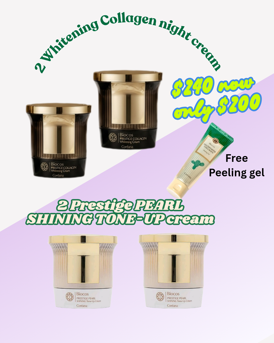 Coreana Biocos 2 Collagen Creams / 2 Pearl Creams free 1 gluta peeling gel