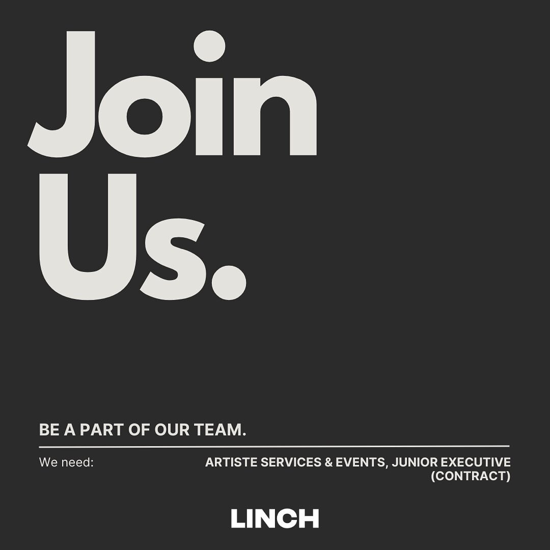 We are looking for our next Junior Executive to join our Artiste Services &amp; Events team! if you&rsquo;re interested to pursue a career in the music industry, send us your resume to info@thelinchagency.com and we'll be in touch!

Swipe to check ou
