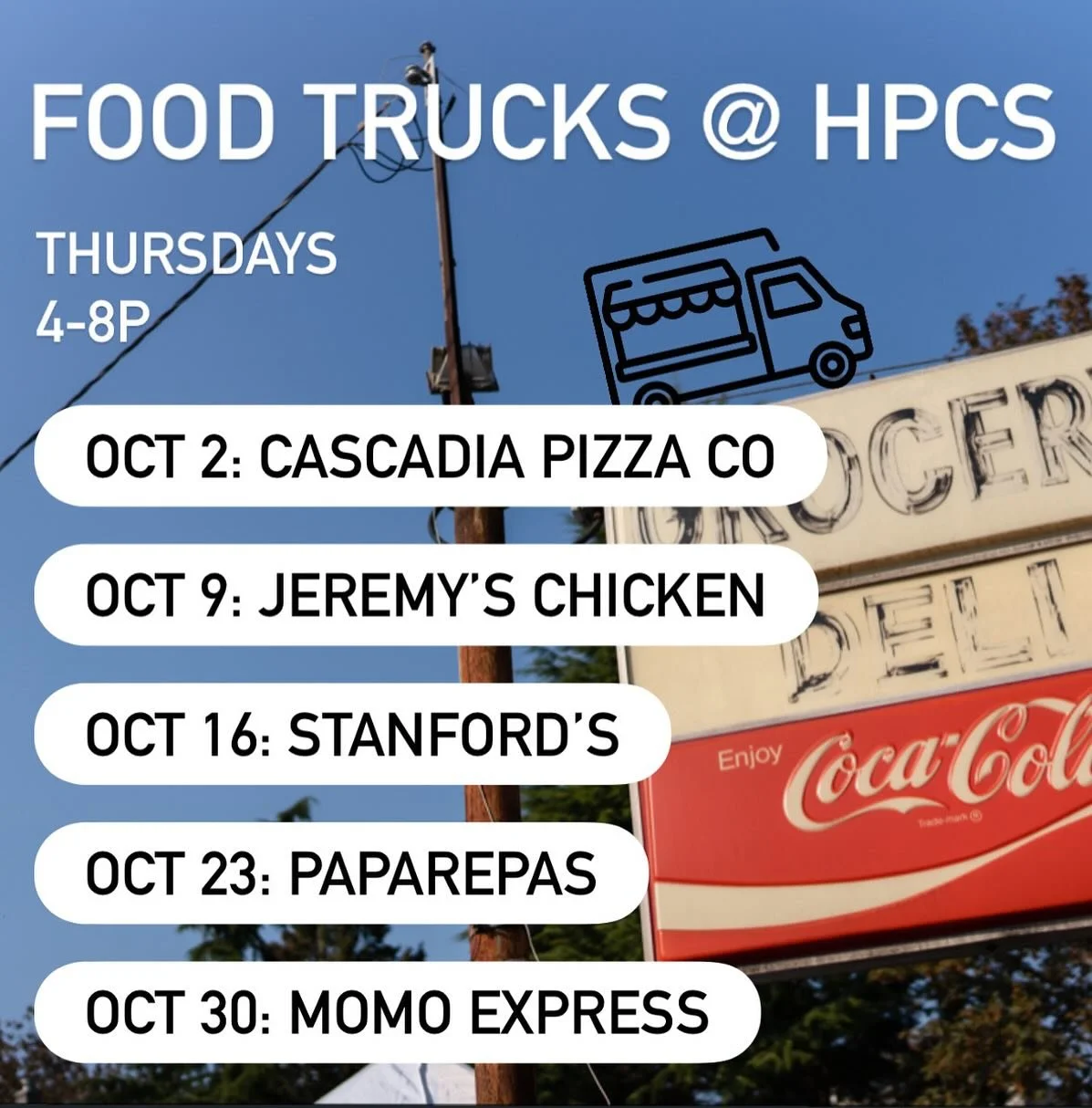 October&rsquo;s food truck line up is stacked! 🍕🍗🍔🫓🍲

Join us for great food and good times every Thursday from 4-8pm. We&rsquo;ve added more seating inside to enjoy your meals! And don&rsquo;t forget to check out our wine tastings which ALSO ha