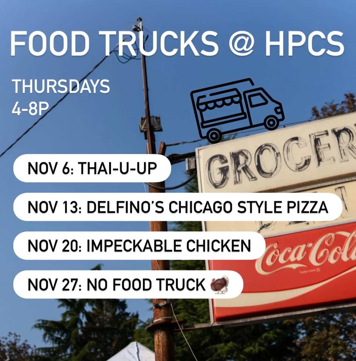 November&rsquo;s food truck line up is here! We have Thai food! And pizza! And fried chicken! 

🍜🍕🐓🦃

#foodtrucks #supportyourcommunity #supportyourneighbors #supportsmallbusiness #highlandpark #cornerstord #westseattle