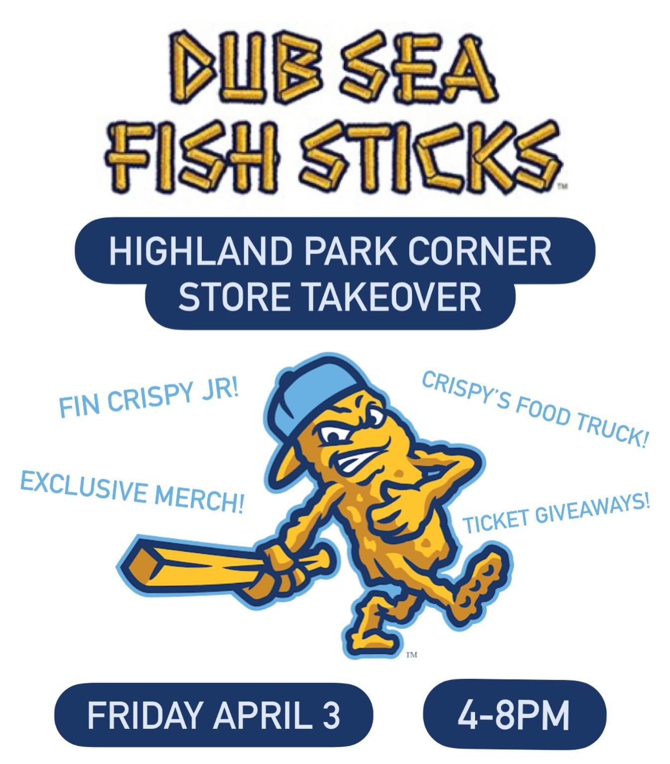 This Friday @gofishsticksbaseball is taking over the Corner Store! Come by from 4-8pm for:
 - Crispy&rsquo;s Food Truck! 🌭
 - Exclusive Merch! 🧢👕🤷🏻&zwj;♀️
 - Ticket Giveaways! 🎟️
 - Fin Crispy Jr! ⚾️

This is also the first day you&rsquo;ll be 