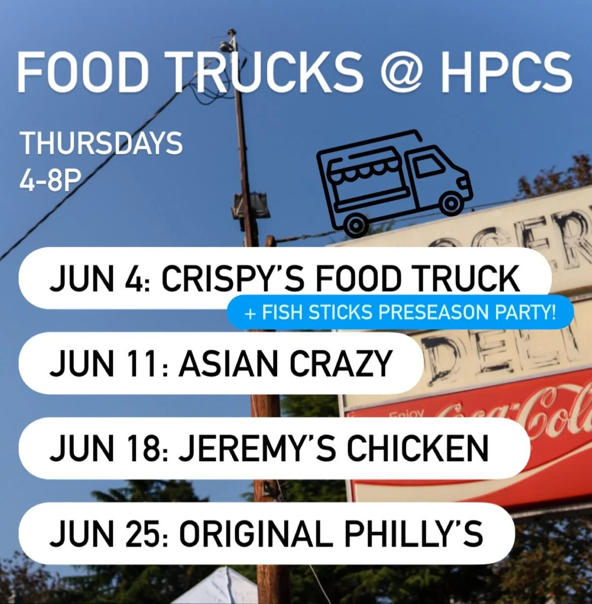 June&rsquo;s food truck lineup is here! We&rsquo;re kicking off the month with a @gofishsticksbaseball preseason party featuring Crispy&rsquo;s Food Truck, starting at 5pm on 6/4! 

Check out all the trucks coming to the neighborhood:
@gofishsticksba