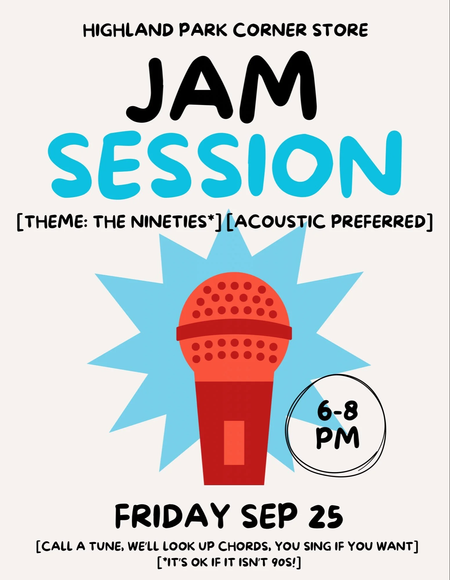 Come jam with your neighbors at the Corner Store this Friday! Bring your instruments, call a (preferably 90&rsquo;s) tune, and enjoy playing with the talented community of musicians here in Highland Park! 

Our neighborhood is FILLED with musicians -