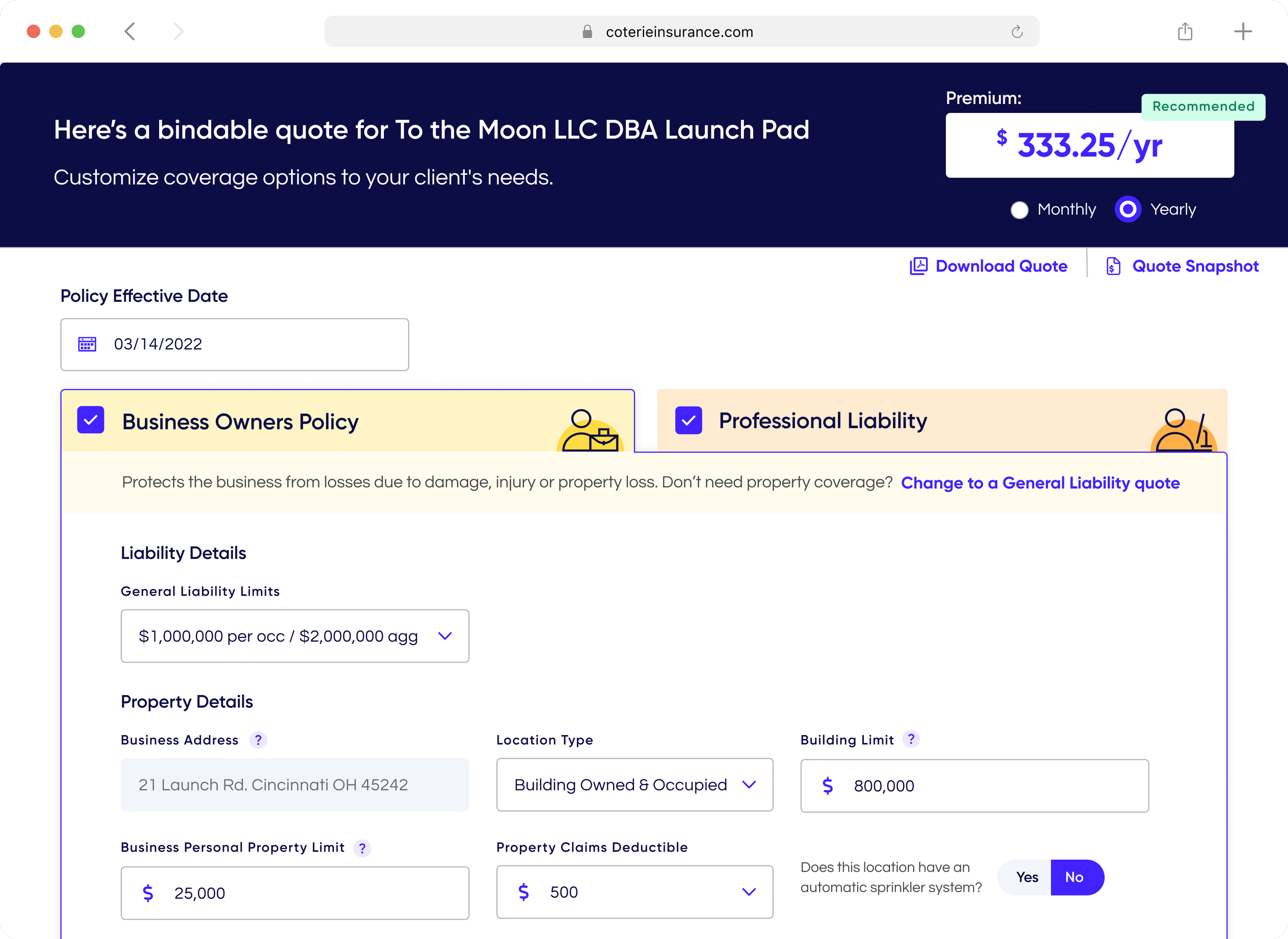 Screenshot of an insurance quoting platform