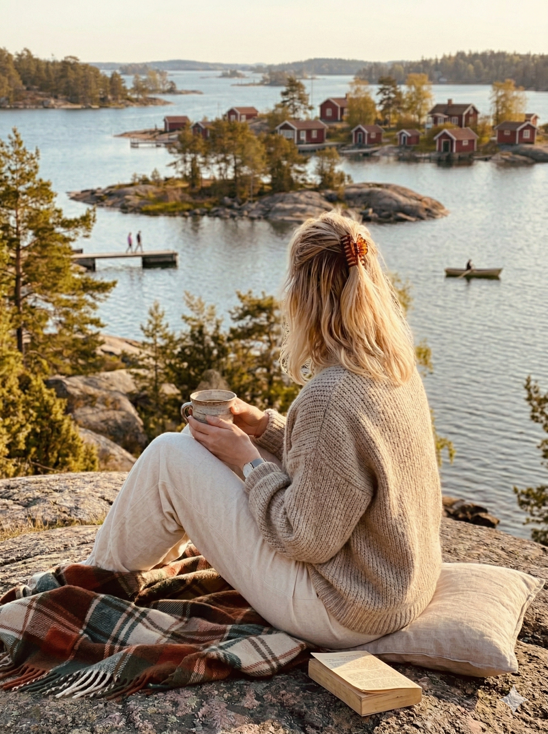 Kvinna med kaffekopp blickar ut över svensk skärgård – AI-lösningar för besöksnäringen av Iperiferi