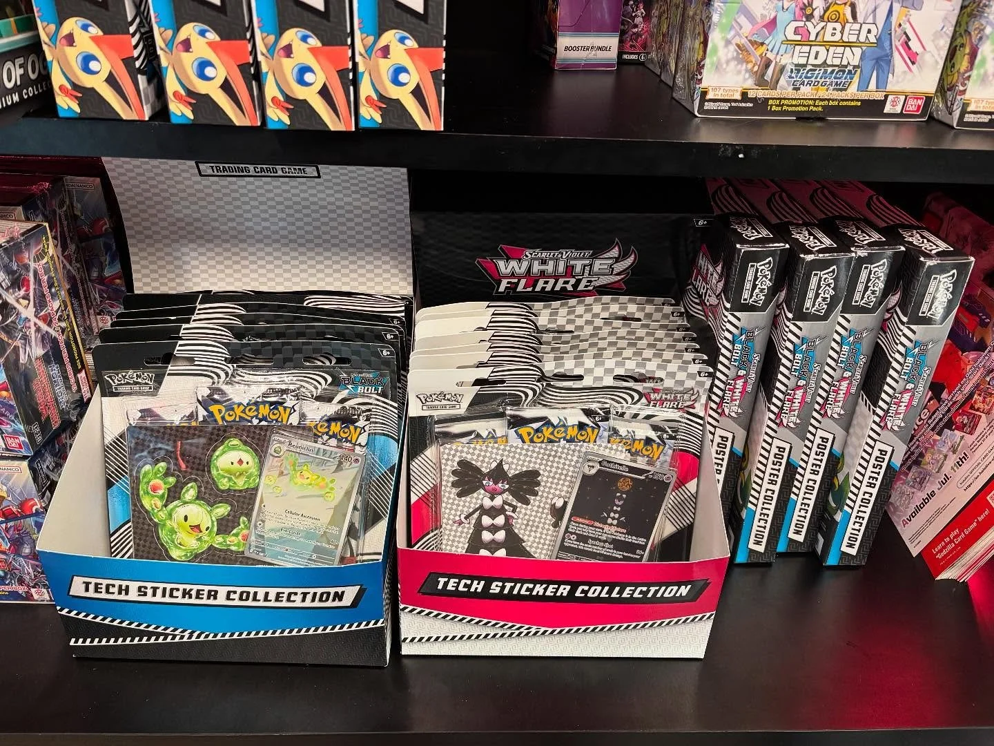 Got a few restocks in! For Pokemon we got White Flare and Black Bolt sticker packs, posters and Victini collections! Also have a couple of Garchomp ex boxes as well as Ogerpon boxes. Last but not least we have a small restock of Op-11 boxes and plent