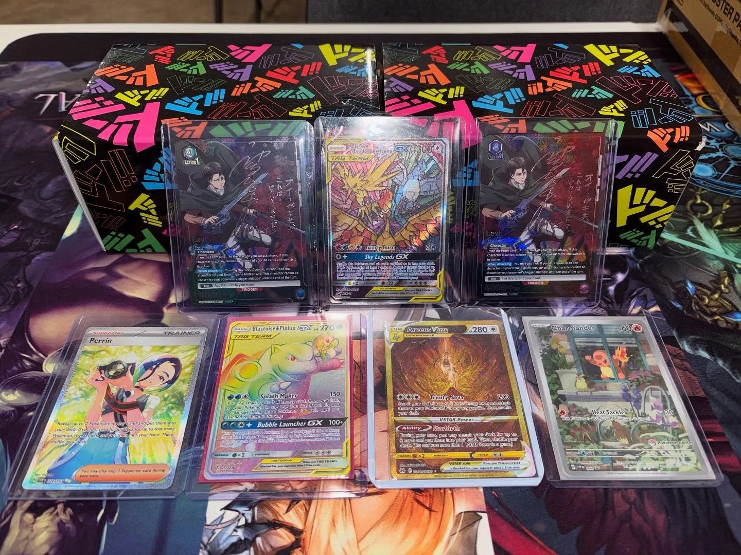 A few new additions to the shop! A pair of Levi signature cards from Union Arena, stained glass Legendary Birds, Arceus Vstar, Rainbow Blastoise & Piplup, Perrin and last but not least the Pokemon Center stamped Charmander promo! Reminder for Uni