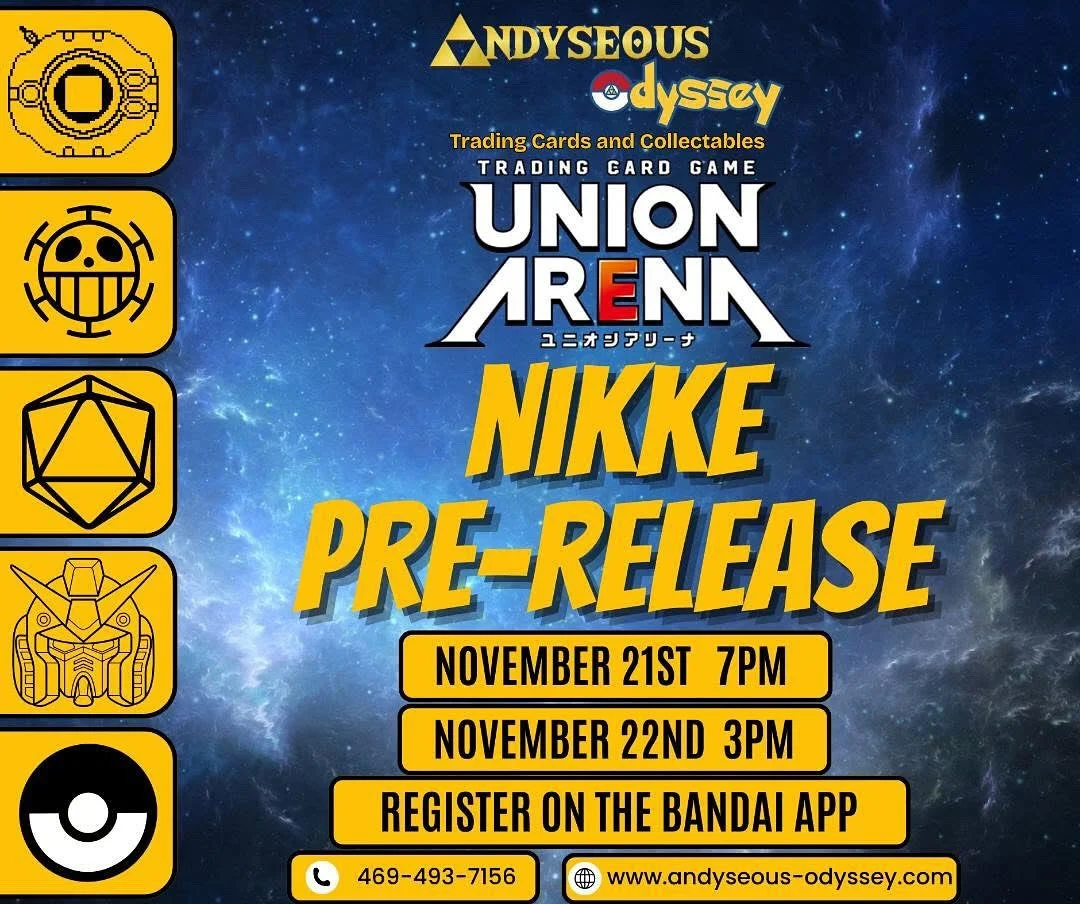 Don&rsquo;t forget to join us this weekend! For our Union Arena players we are hosting our Nikke pre-release event Friday and Saturday, Friday at 7pm and Saturday at 3pm! Also for our One Piece players will be hosting our treasure cup! Busy weekend, 