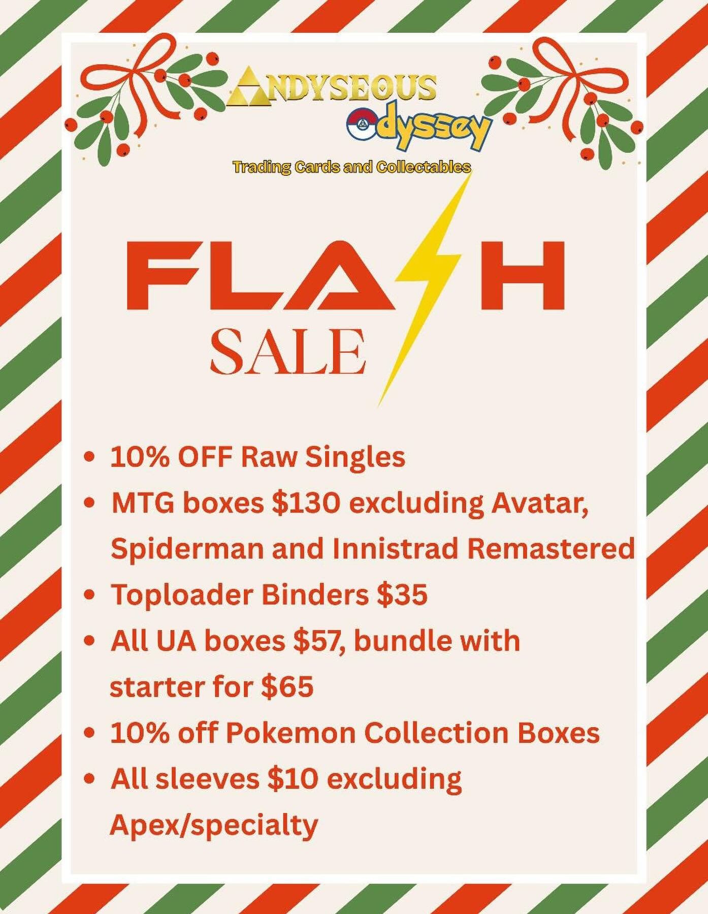 Holiday flash sale y&rsquo;all! Starting today and lasting till Monday, deals on singles, sealed product and more! Come in and get your last minute gift shopping done for others, or just to treat yo self. Stock up on sleeves and binders also! Sale wi