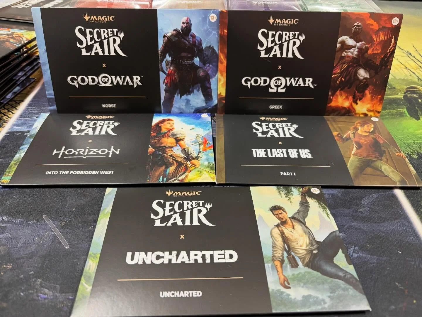 Some accessories and Magic the Gathering Secret Lairs came in today! For any PlayStation fans looking to get into Magic, these are your introduction to commander! There are 2 different God of War sets, 2 different The Last of Us sets, Horizon Zero Da