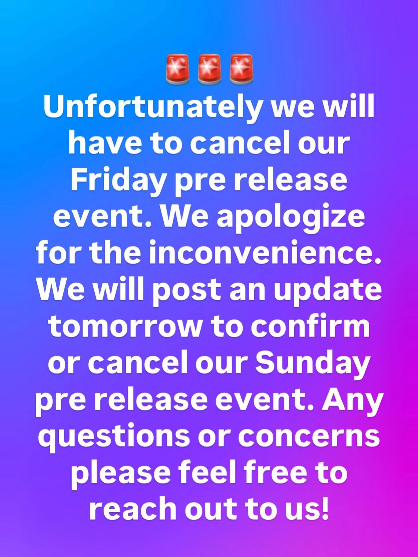 We apologize for the inconvenience friends! We were told our shipment would arrive at 5pm the latest today and were not given any further updates. No product arrived so we will be canceling today&rsquo;s event. Please keep an eye out for updates rega